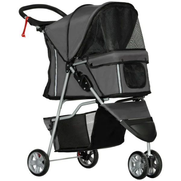 Folding Dog Stroller with Cup Holder and Basket, Steel and Polyester, 75x45x97 cm, Charcoal Grey