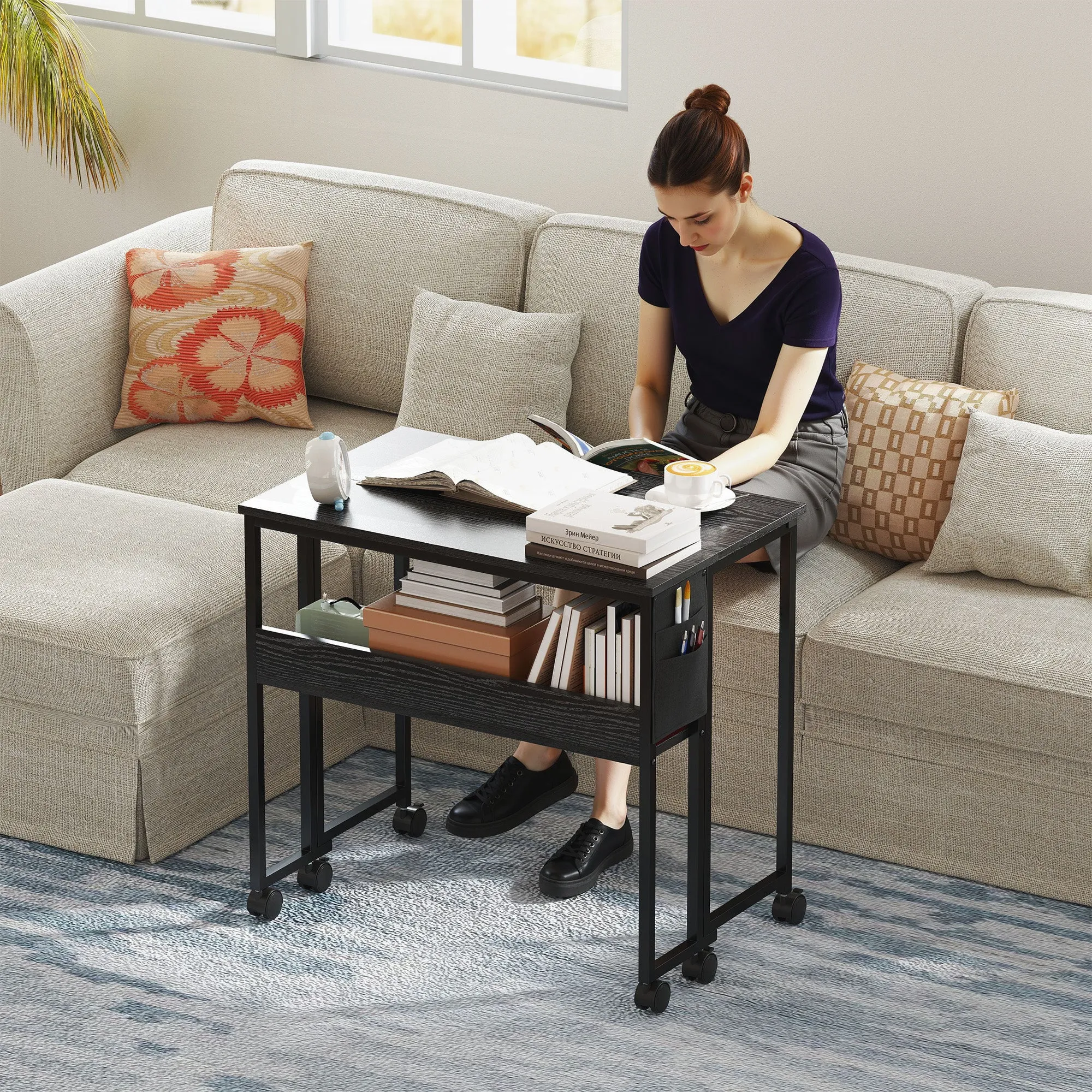 Space-Saving Folding Drop-Leaf Desk with Shelf, Storage Pocket and Wheels, Black - Image 2