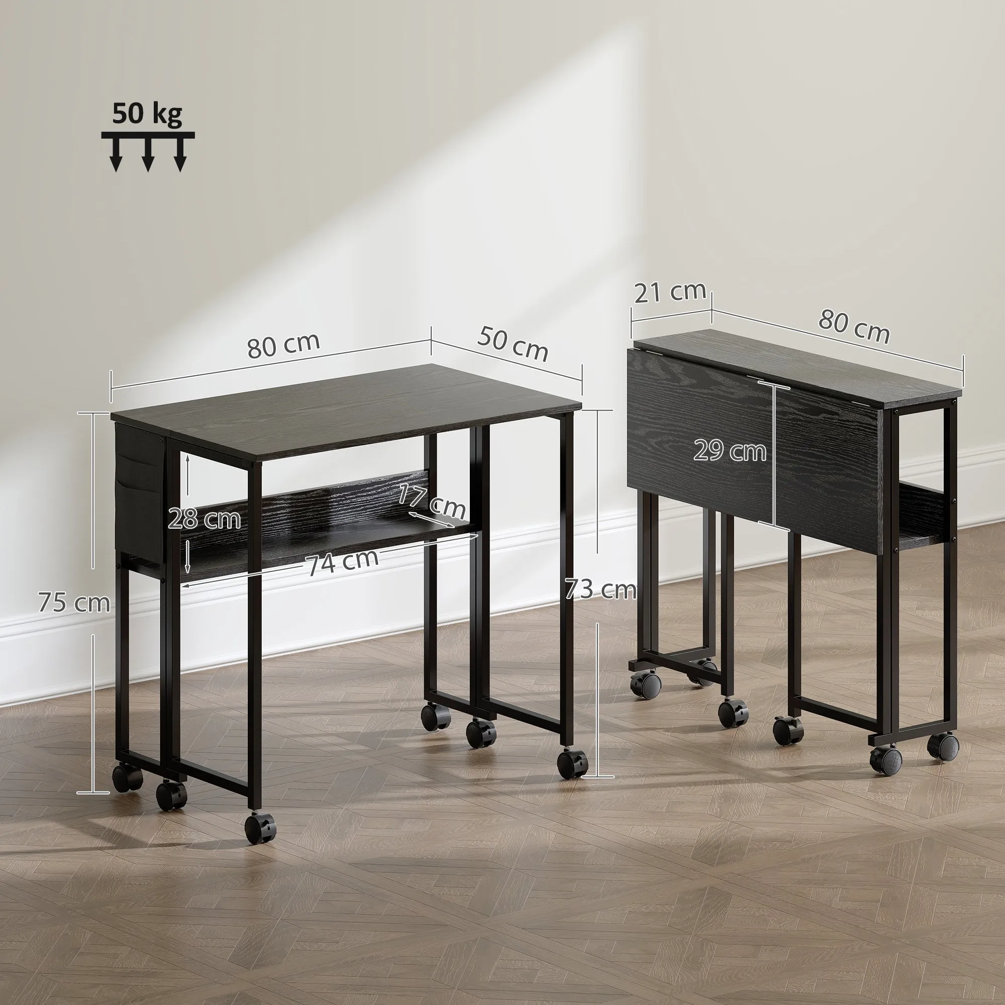 Space-Saving Folding Drop-Leaf Desk with Shelf, Storage Pocket and Wheels, Black - Image 3