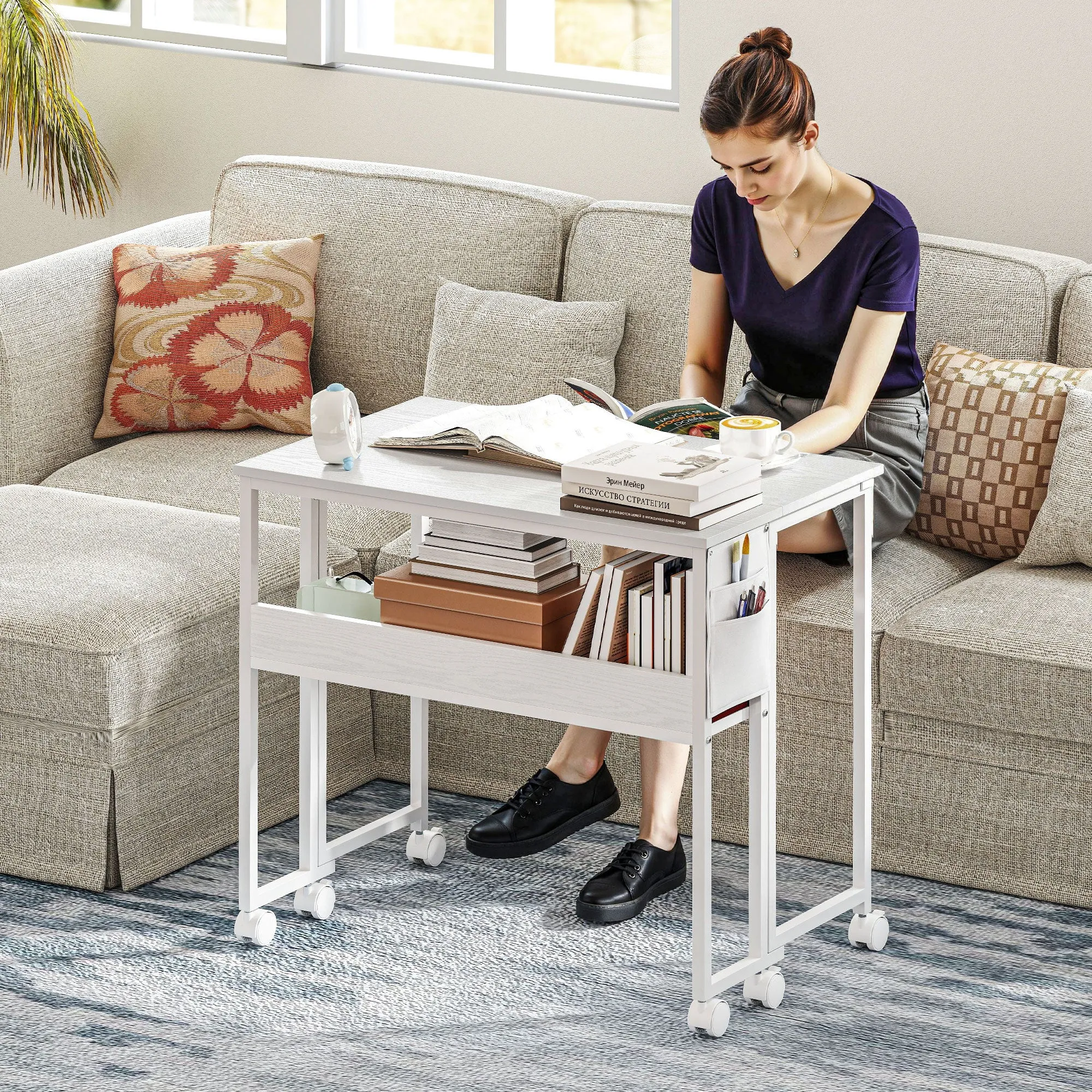 Space-Saving Folding Drop-Leaf Desk with Shelf, Storage Pocket and Wheels, White - Image 2