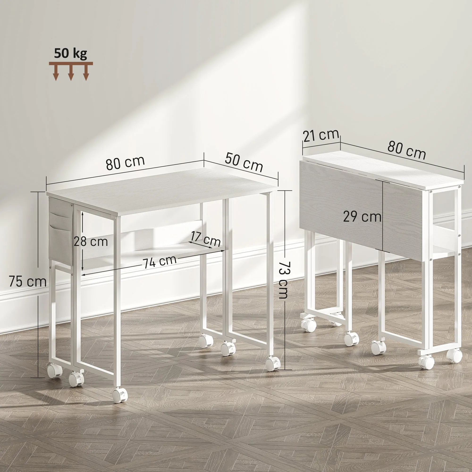 Space-Saving Folding Drop-Leaf Desk with Shelf, Storage Pocket and Wheels, White - Image 3