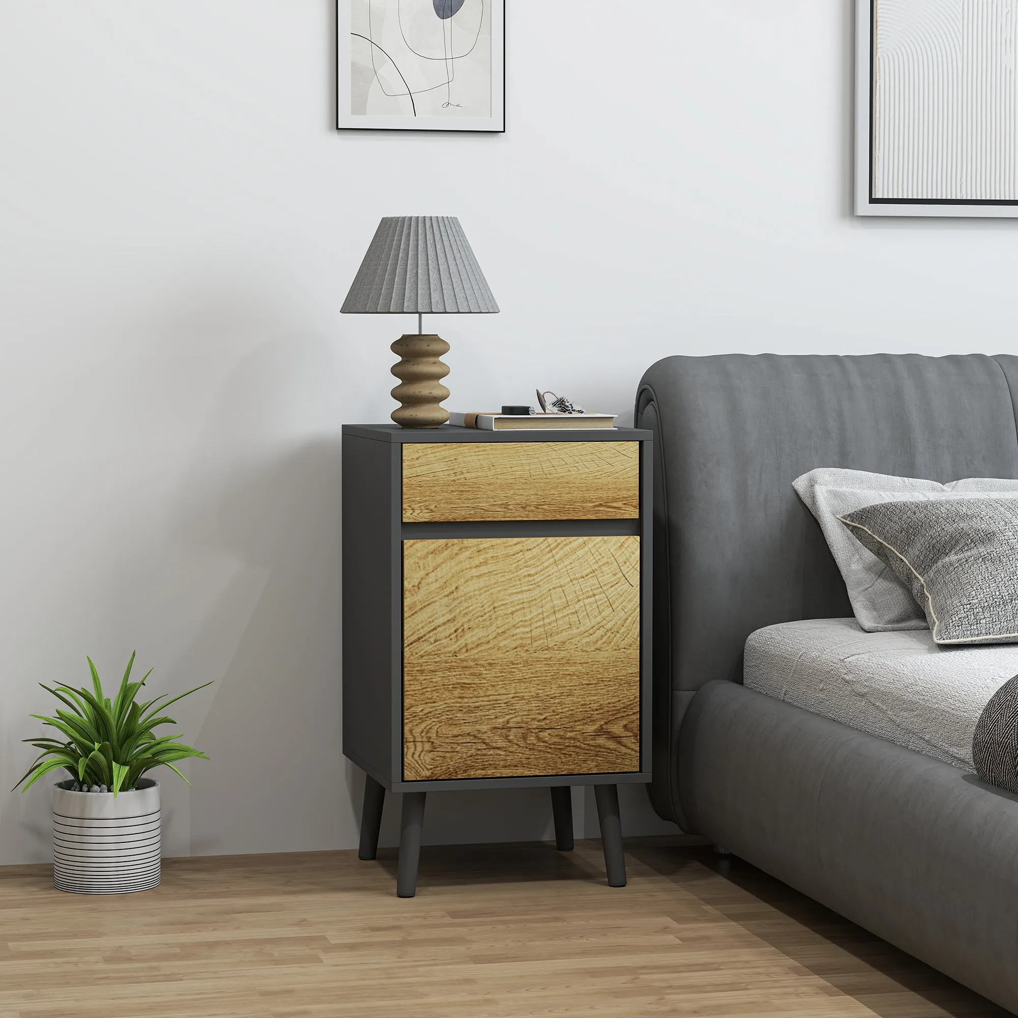 Modern Handleless Nightstand with Drawer and Cabinet, 40x39x69 cm, Dark Grey and Wood - Image 2