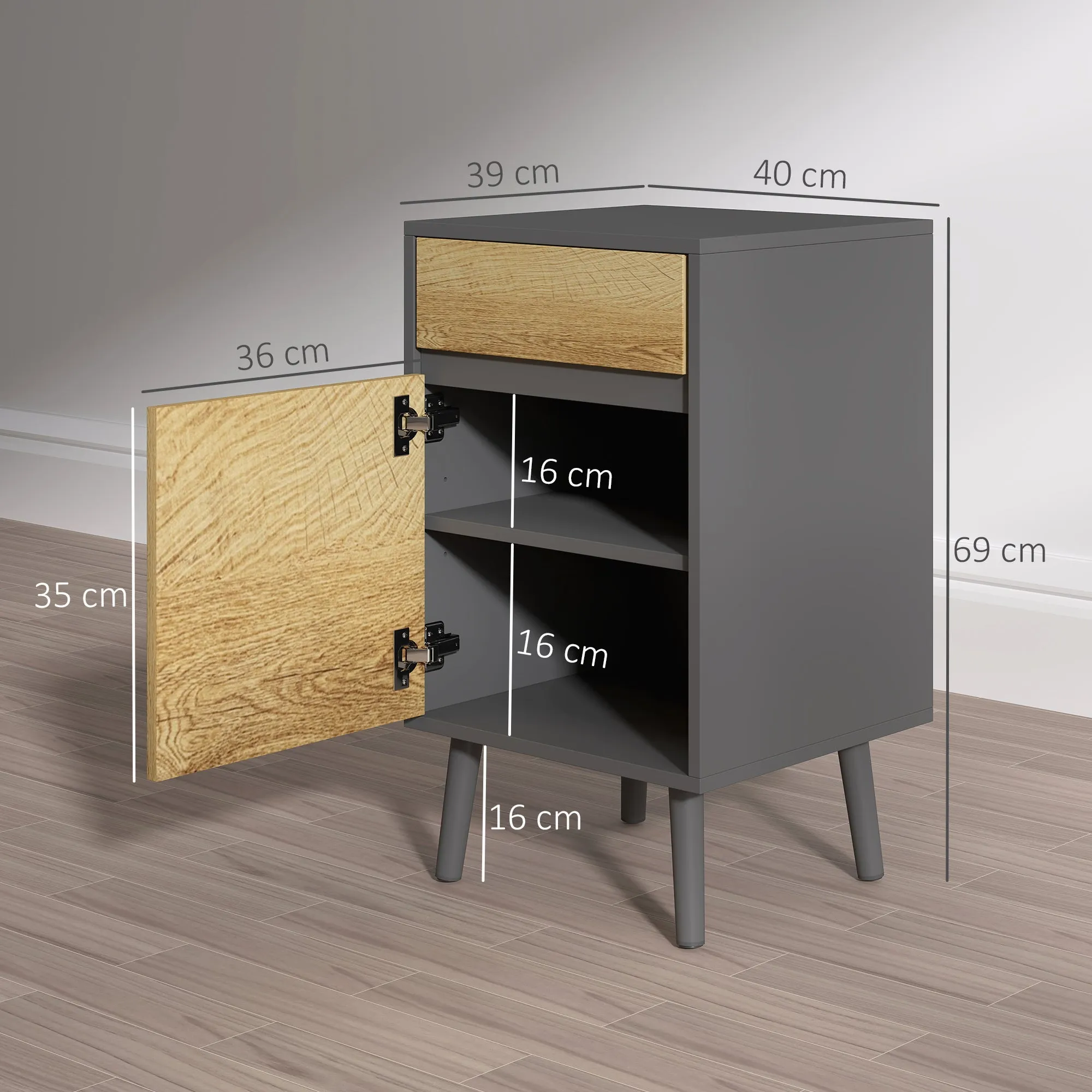 Modern Handleless Nightstand with Drawer and Cabinet, 40x39x69 cm, Dark Grey and Wood - Image 3