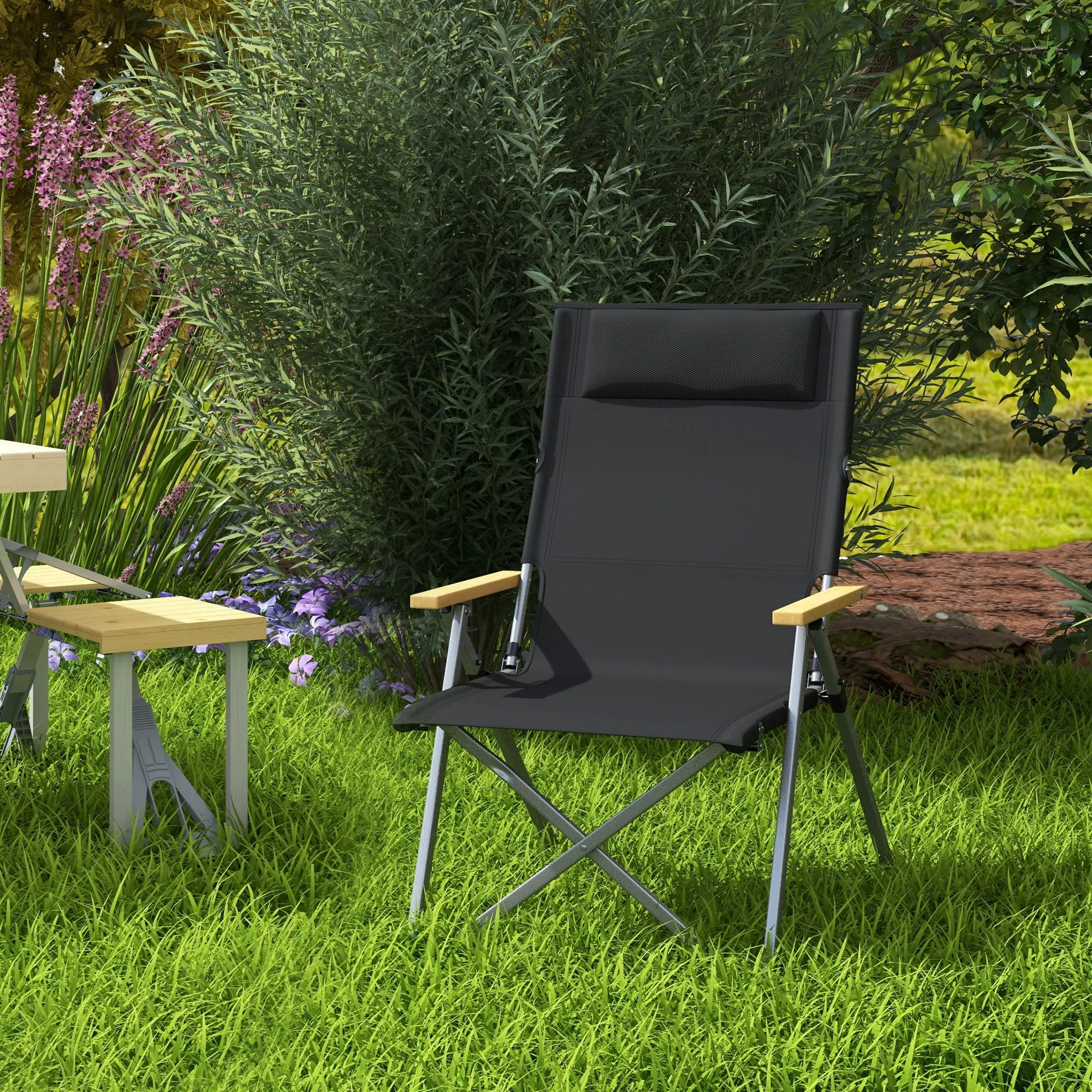 Folding Camping Chair with Adjustable Backrest, Aluminum and Polyester 74x59.5x98 cm, Black - Image 2