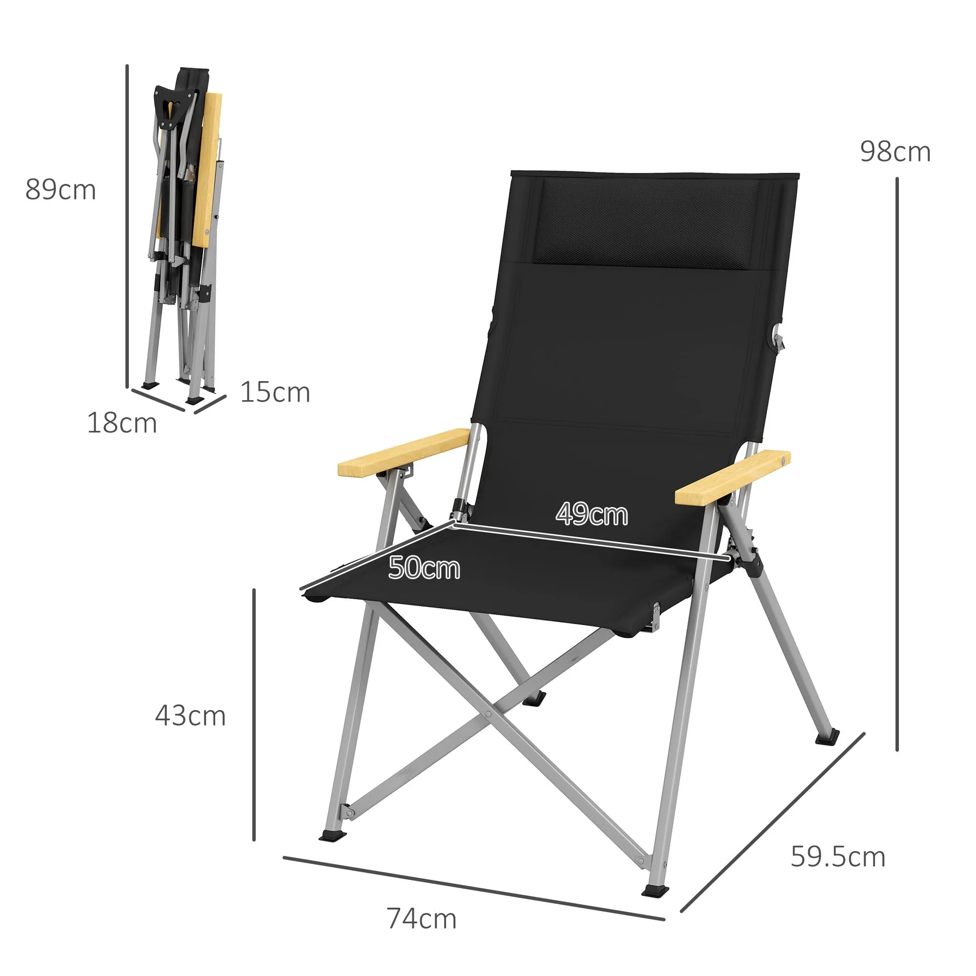 Folding Camping Chair with Adjustable Backrest, Aluminum and Polyester 74x59.5x98 cm, Black - Image 3