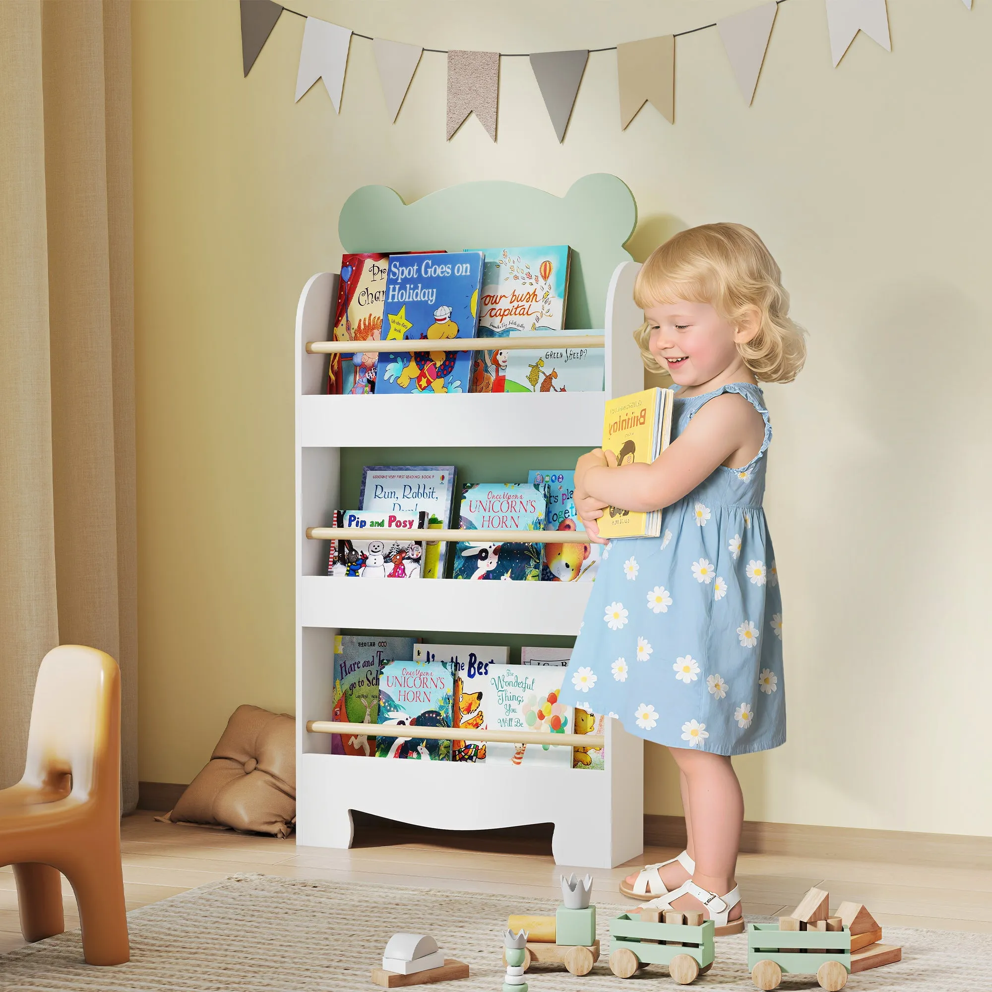 Children's Bookcase with 3 Shelves in the Shape of a Bear with Front Barriers, 55x15x110 cm, Green - Image 2