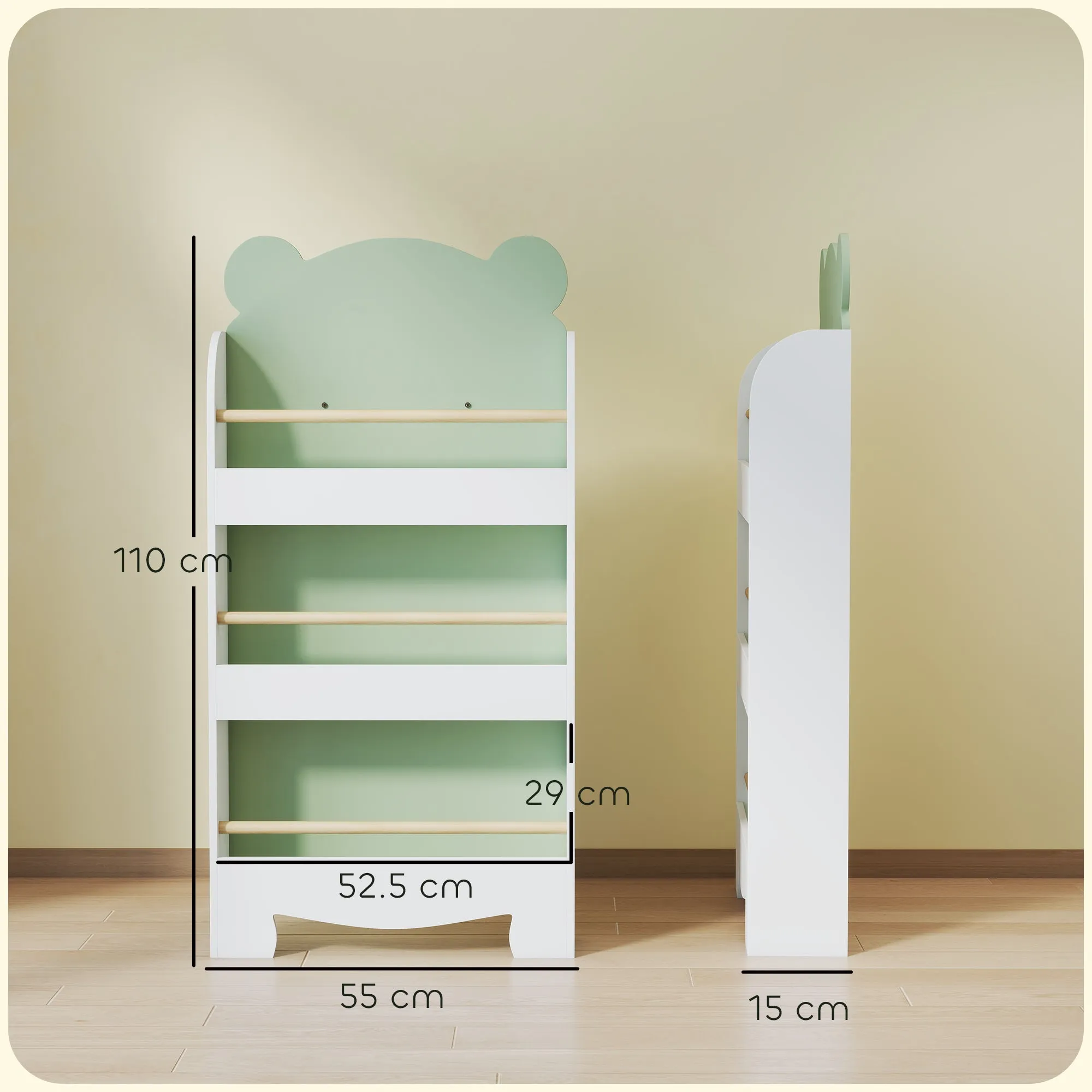 Children's Bookcase with 3 Shelves in the Shape of a Bear with Front Barriers, 55x15x110 cm, Green - Image 3