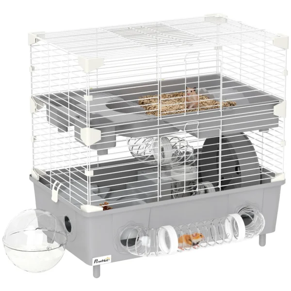 2-Tier, 3-Door Hamster Cage with Wheel and Tubes, Steel, PS and PP, 44.5x28x44 cm, Grey and White