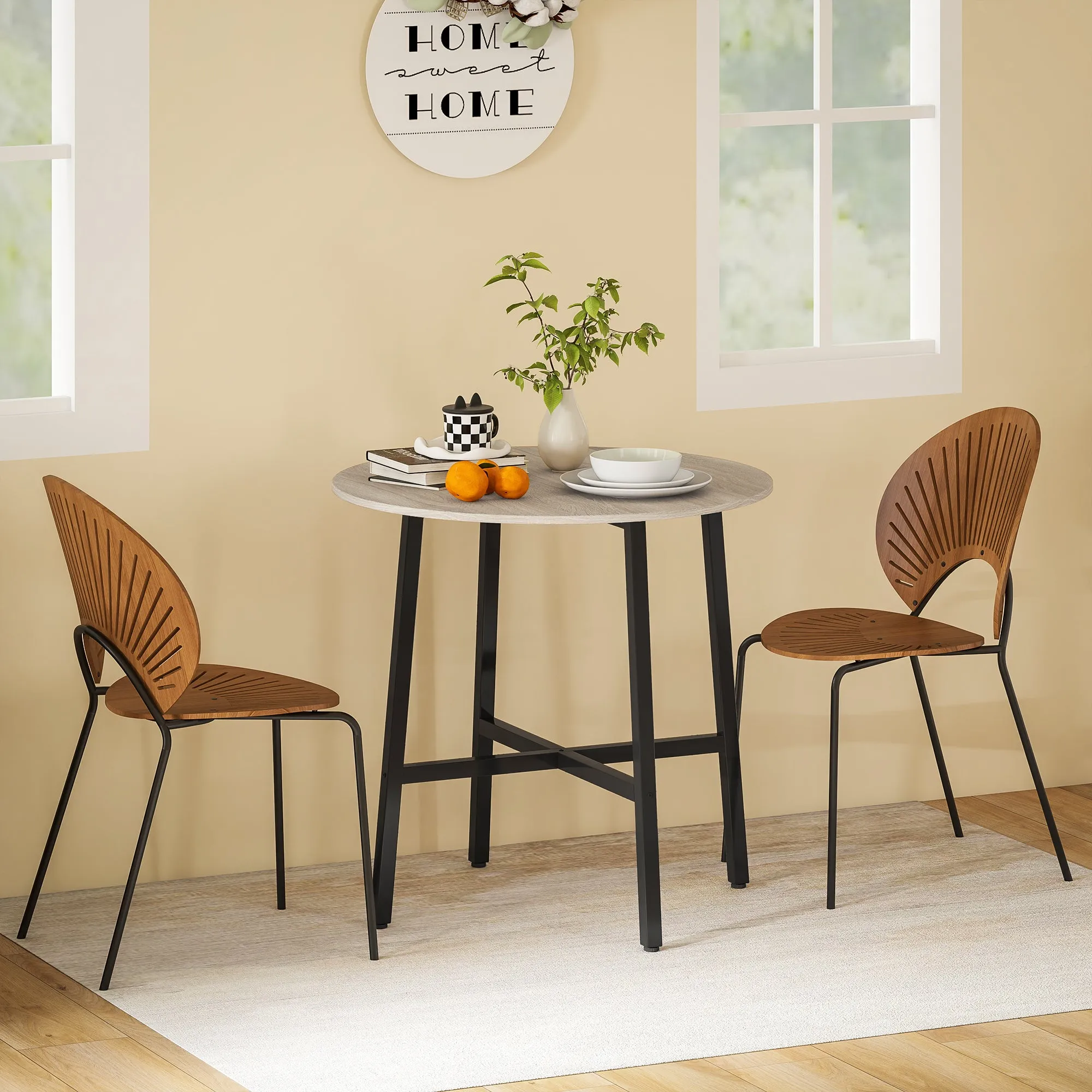 Round Industrial Dining Table for 2 People, in Wood and Steel, Ø80x75 cm, Black and Wood Color - Image 2