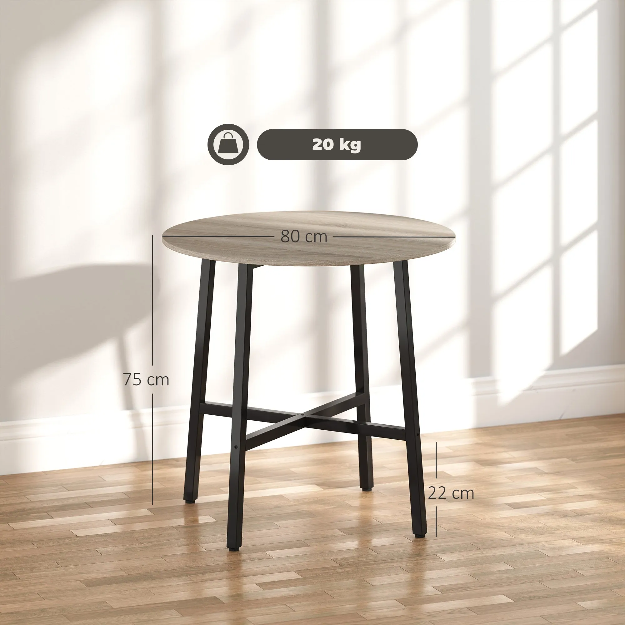Round Industrial Dining Table for 2 People, in Wood and Steel, Ø80x75 cm, Black and Wood Color - Image 3