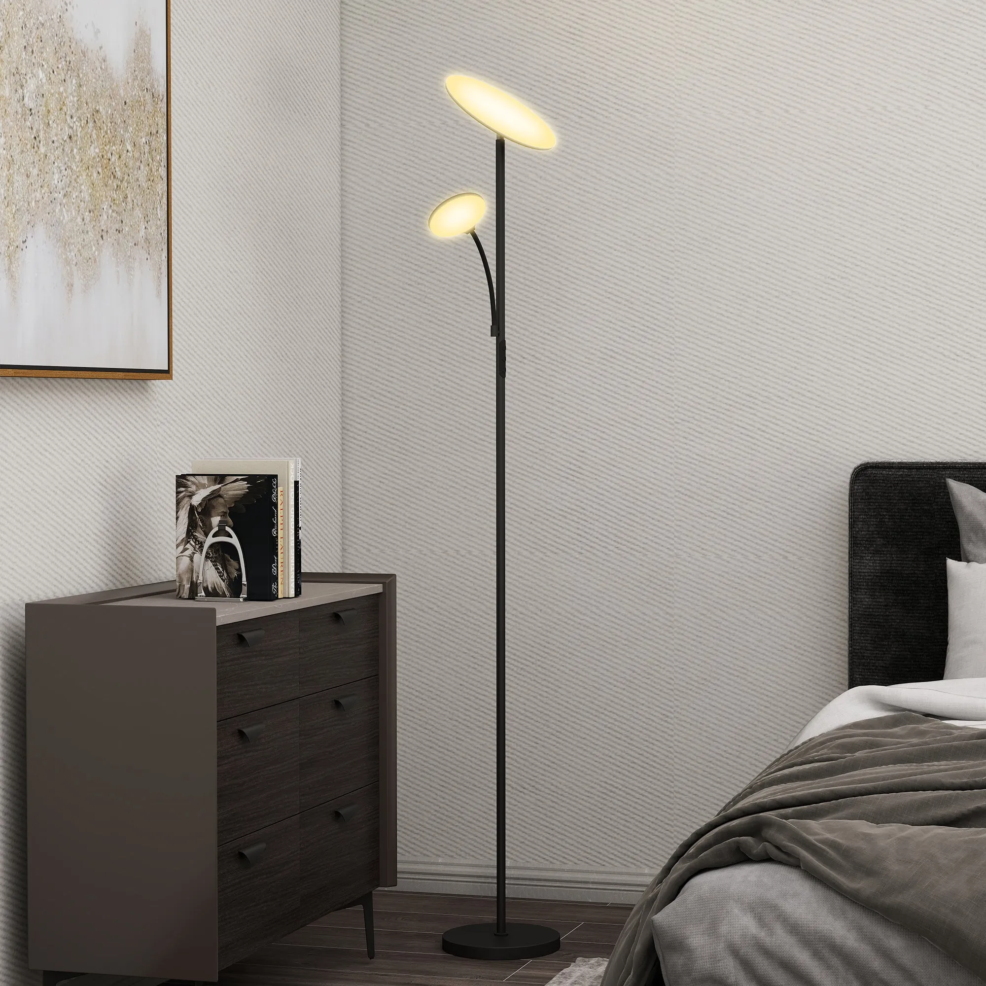 Floor Lamp with 2 Light Points Adjustable to 4 Levels, Temperature 2700K-6500K and Remote Control, Black - Image 2
