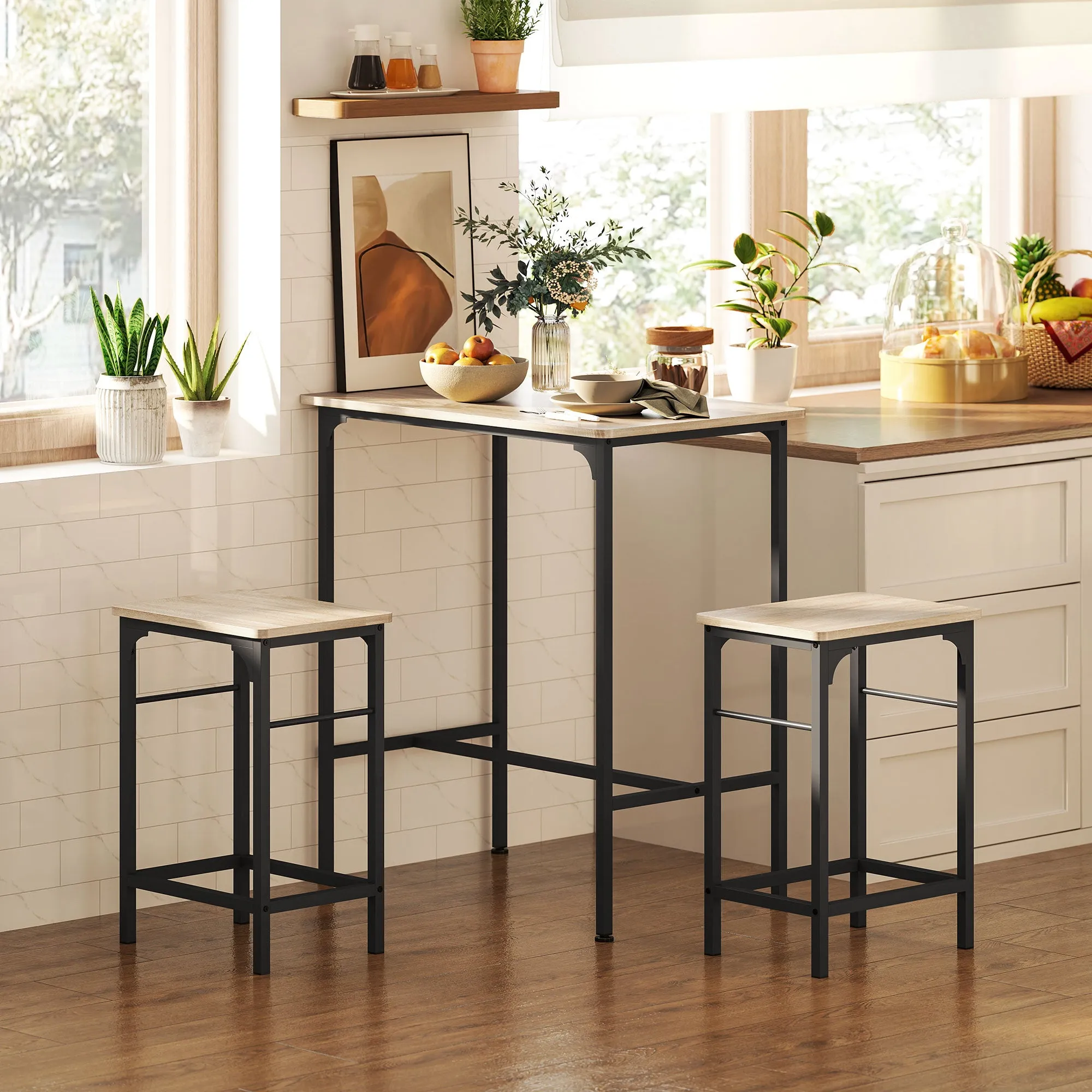 3 Piece Bar Furniture with Kitchen Table and 2 Bar Stools in Wood and Steel, Wood and Black Color - Image 2
