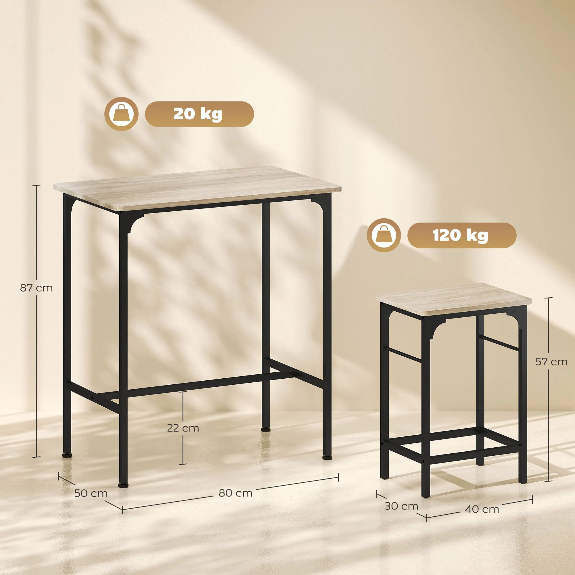 3 Piece Bar Furniture with Kitchen Table and 2 Bar Stools in Wood and Steel, Wood and Black Color - Image 3