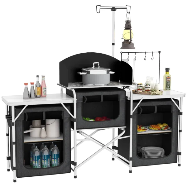 3-Tier Folding Camping Kitchen with 5 Internal Shelves and 4 Hooks, 172x48x119 cm, Black