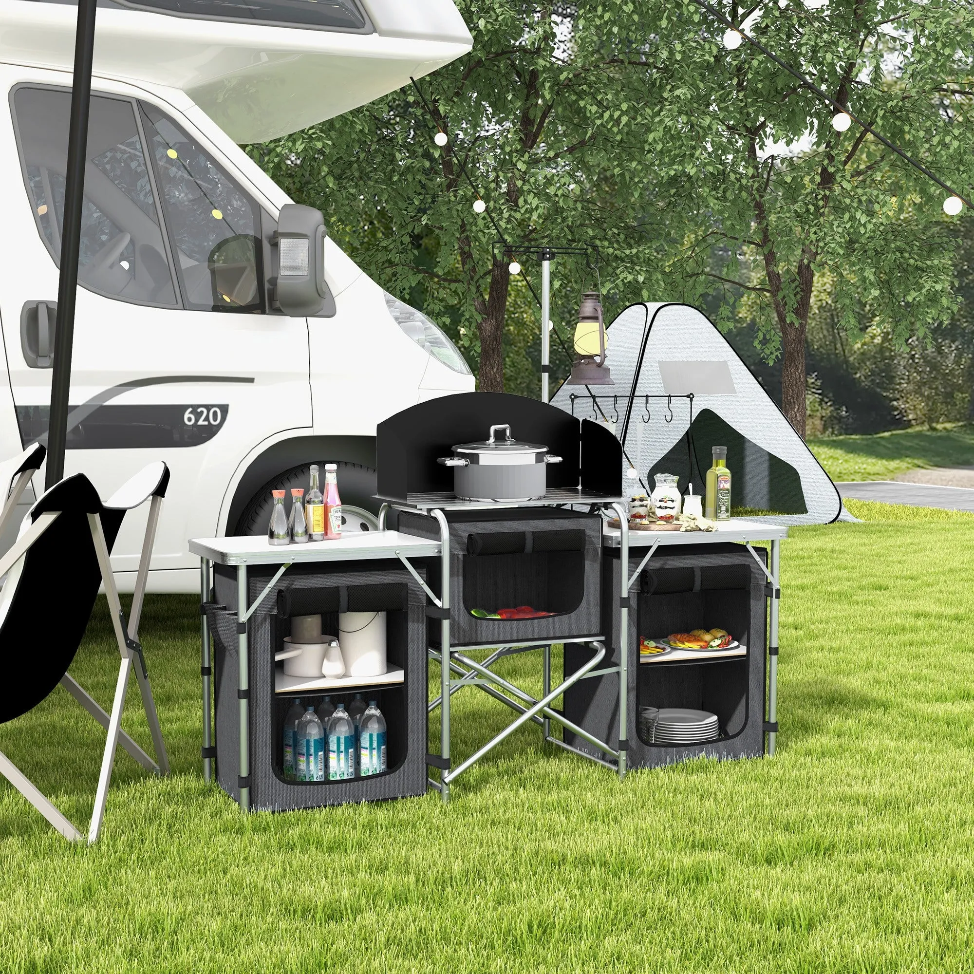 3-Tier Folding Camping Kitchen with 5 Internal Shelves and 4 Hooks, 172x48x119 cm, Black - Image 2