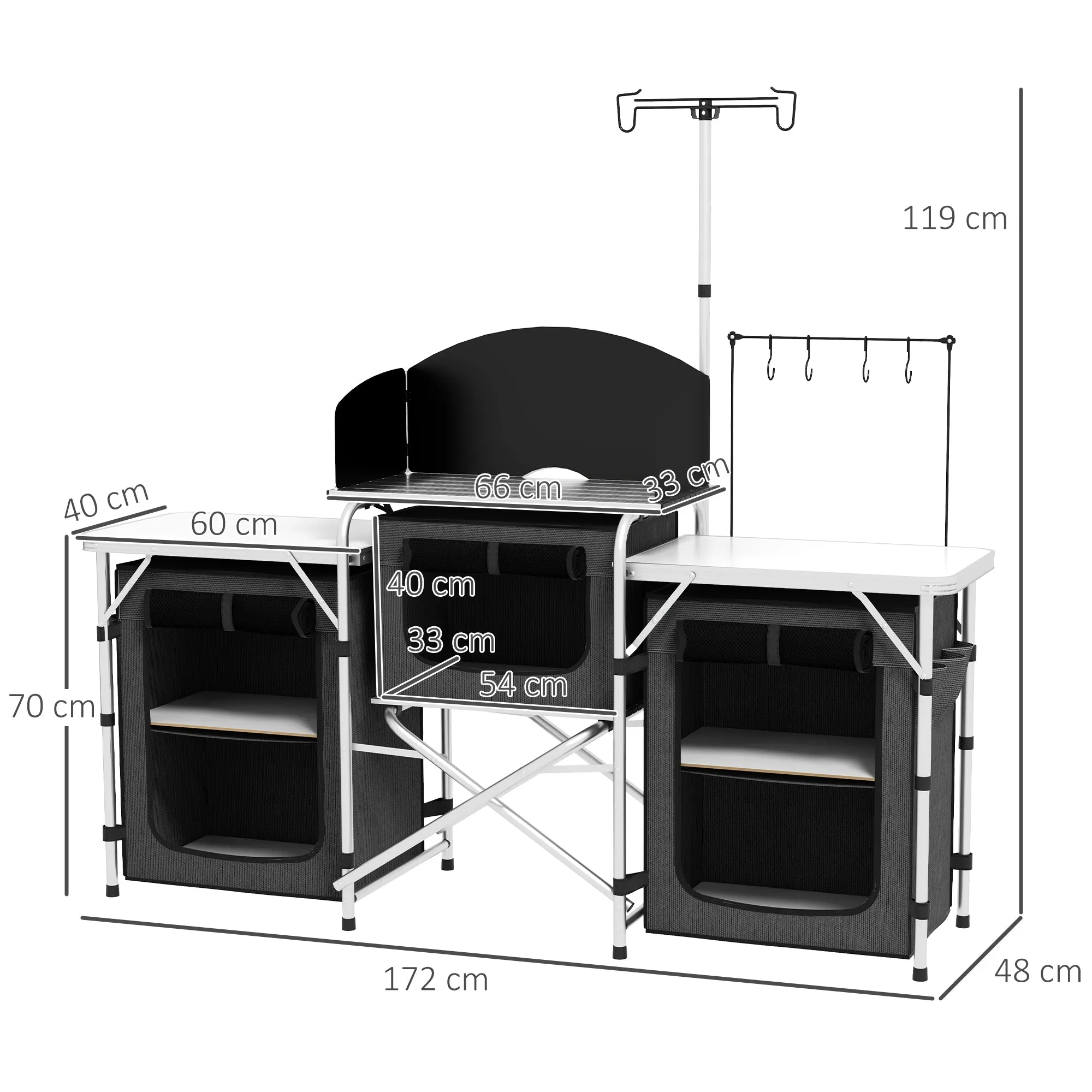 3-Tier Folding Camping Kitchen with 5 Internal Shelves and 4 Hooks, 172x48x119 cm, Black - Image 3