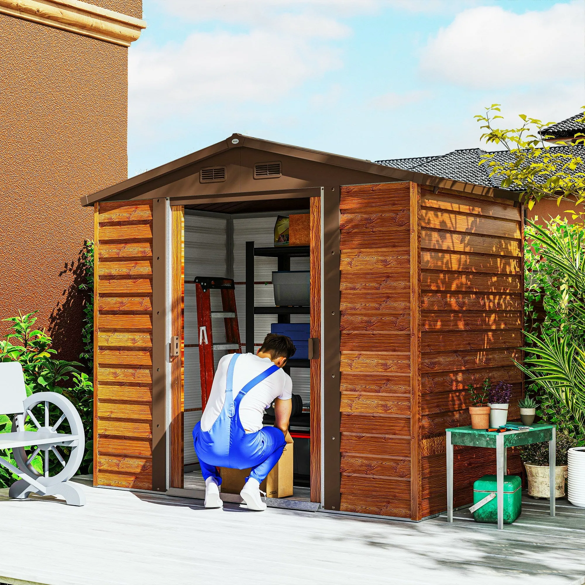 Garden Shed with Sliding Doors and Wood Effect Walls, 2.3 x 1.5 x 2 m, Brown - Image 2