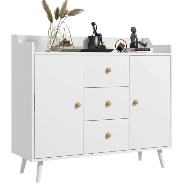 Modern Wooden Sideboard with 3 Drawers and 2 Cabinets on 2 Levels, 90x32x80 cm, White