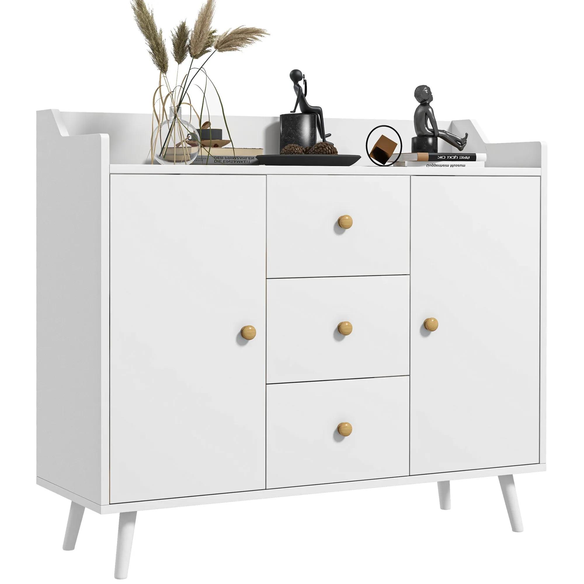 Modern Wooden Sideboard with 3 Drawers and 2 Cabinets on 2 Levels, 90x32x80 cm, White