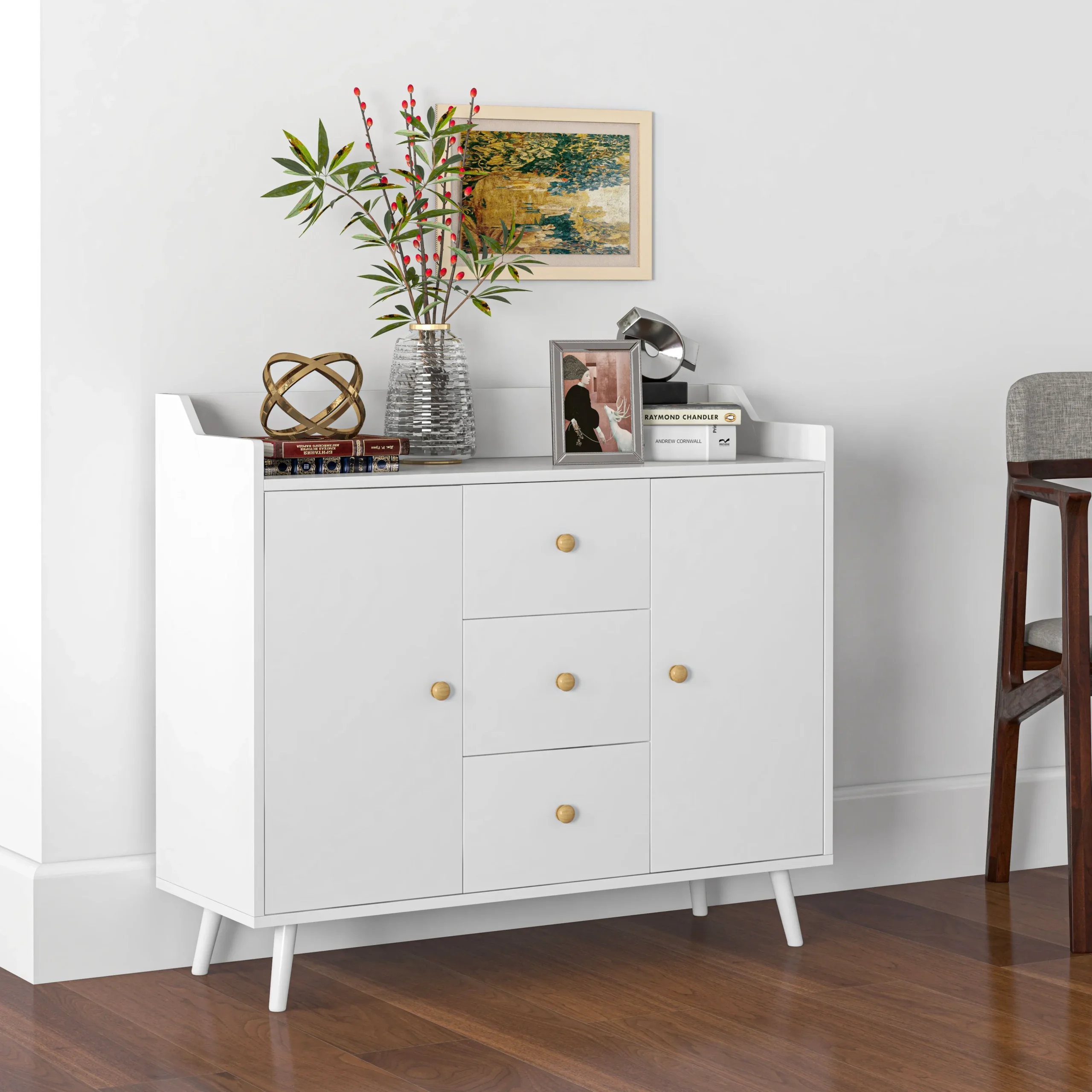 Modern Wooden Sideboard with 3 Drawers and 2 Cabinets on 2 Levels, 90x32x80 cm, White - Image 2