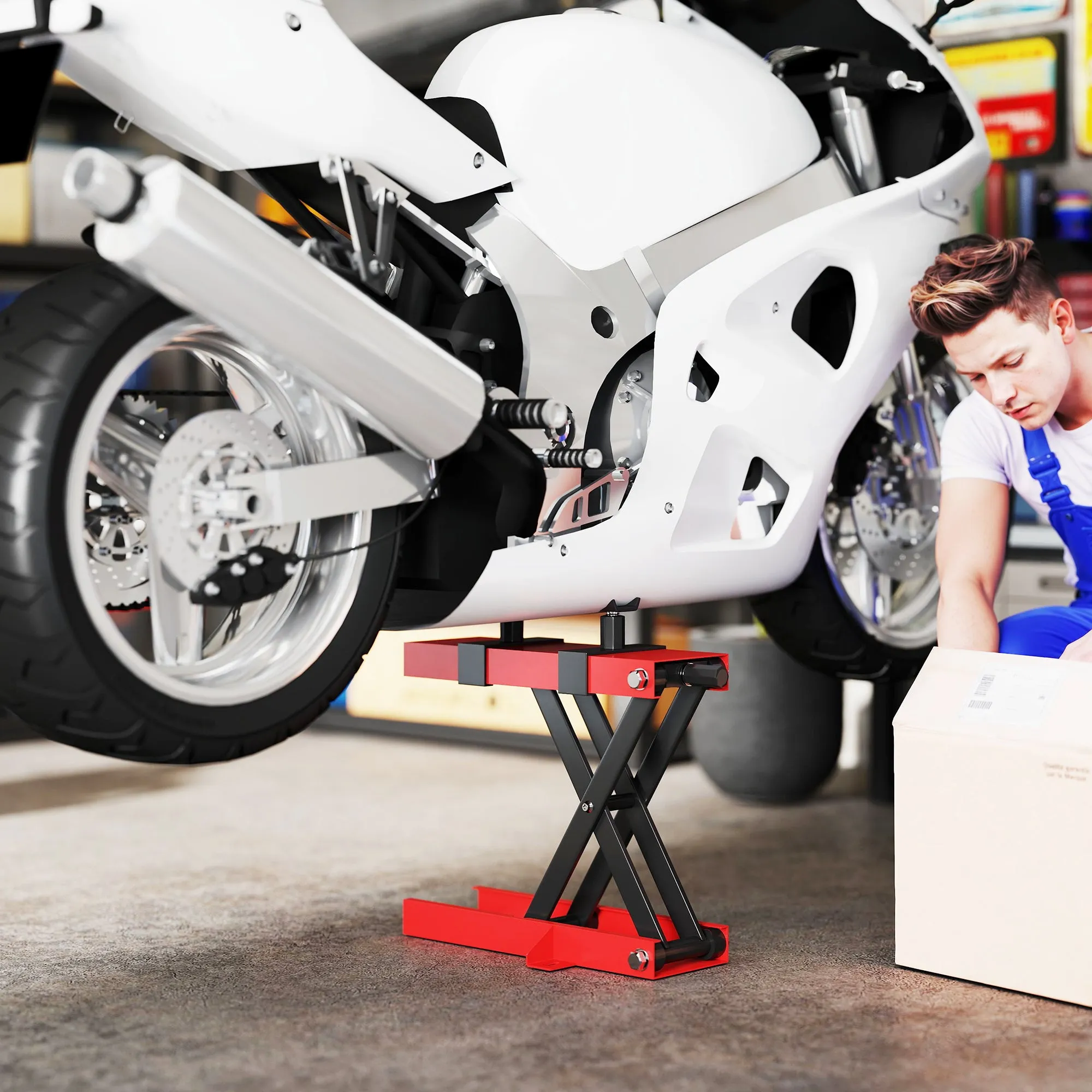 Steel Motorcycle Lift Stand Capacity 500kg, Foldable with Adjustable Height and Crank, Red - Image 2