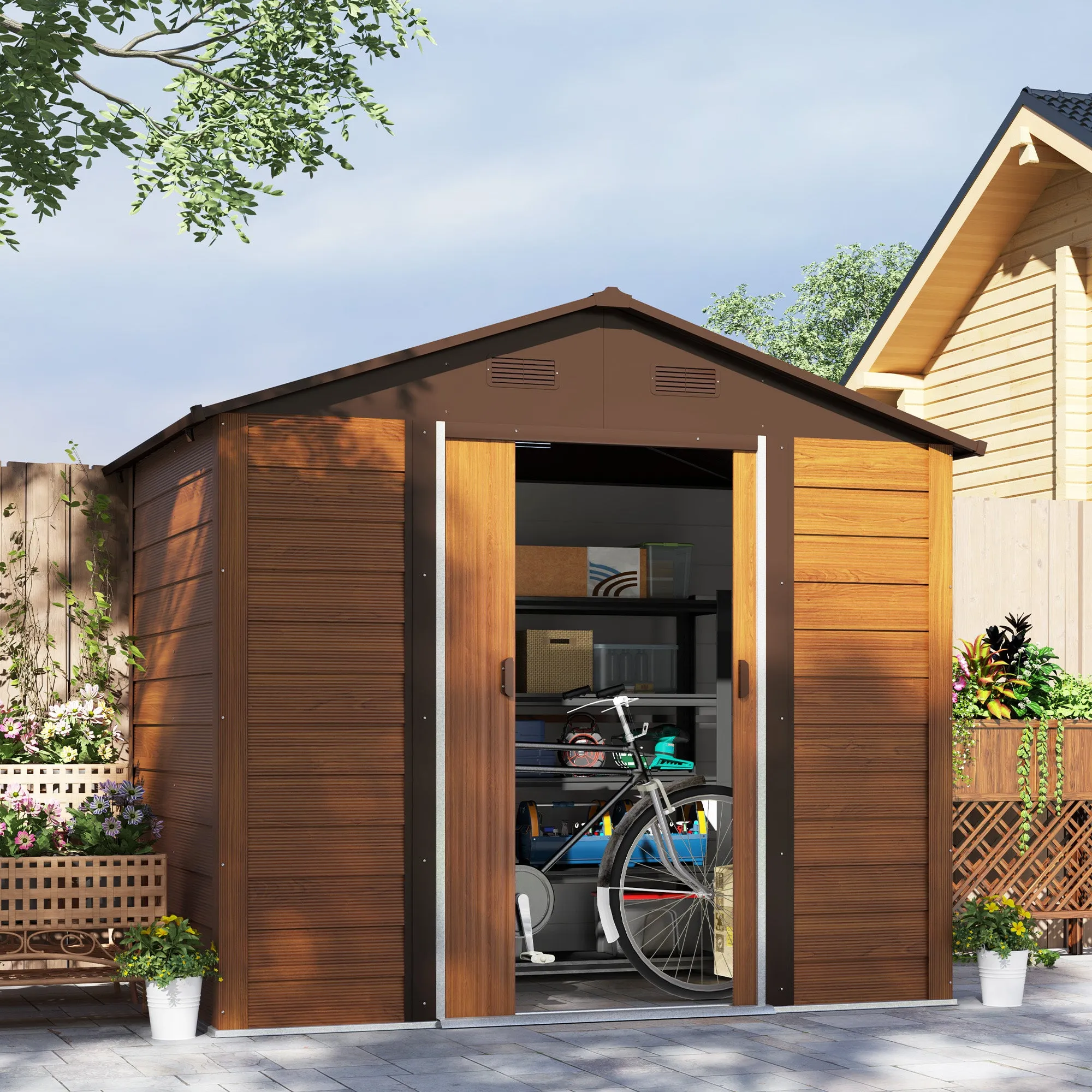 Wood Effect Steel Garden Shed with Double Sliding Doors, 236x196x208 cm, Brown - Image 2