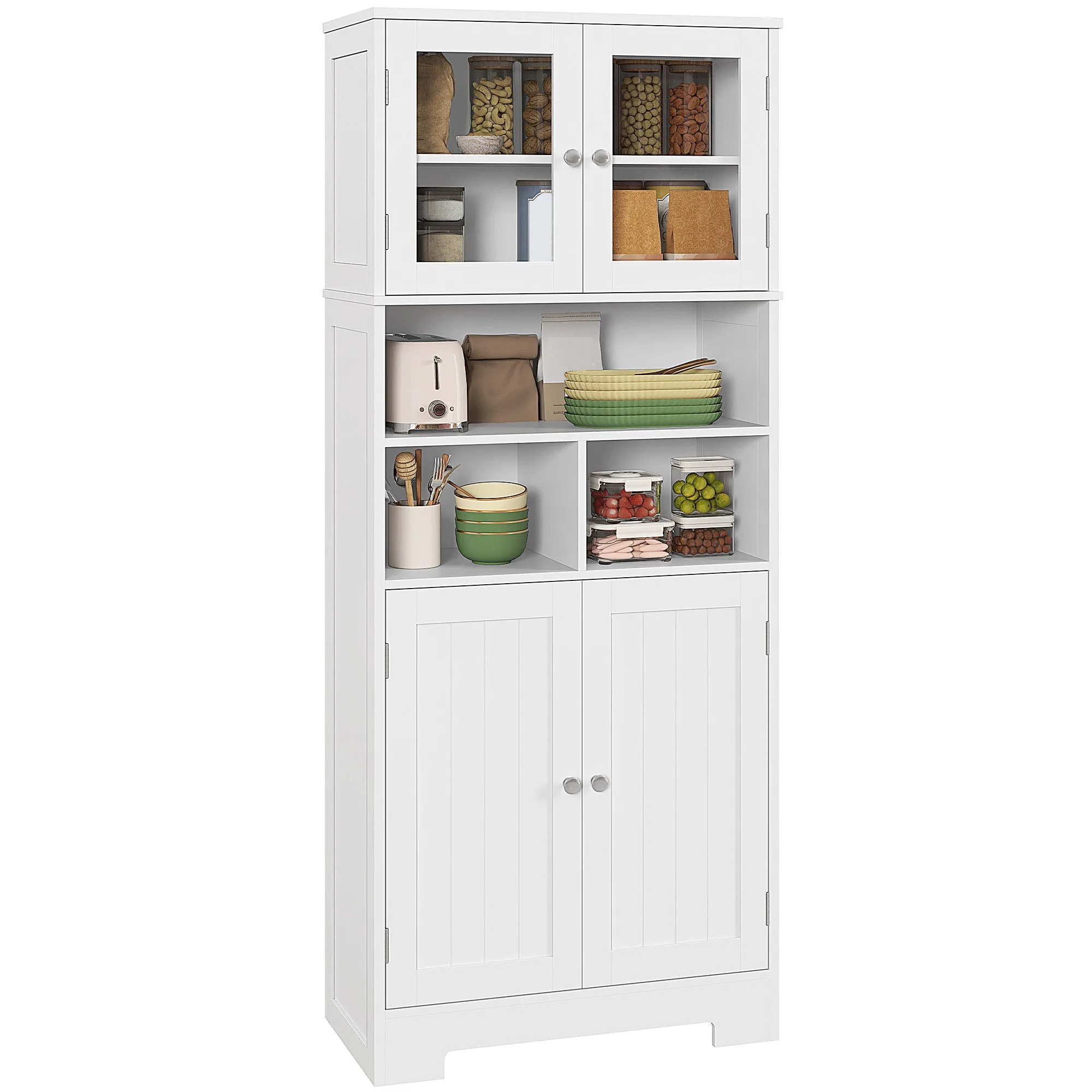Kitchen Sideboard with 2 Cabinets and 3 Open Compartments, Glass Doors and Adjustable Shelves, 60x30x145.5 cm, White