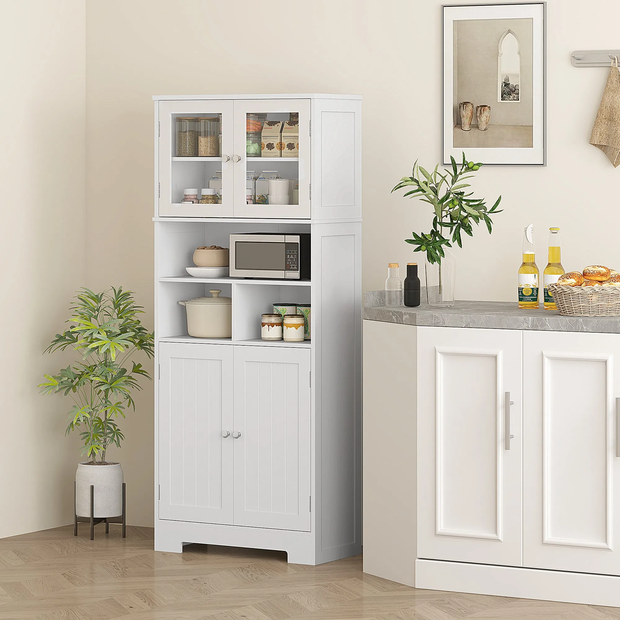 Kitchen Sideboard with 2 Cabinets and 3 Open Compartments, Glass Doors and Adjustable Shelves, 60x30x145.5 cm, White - Image 2