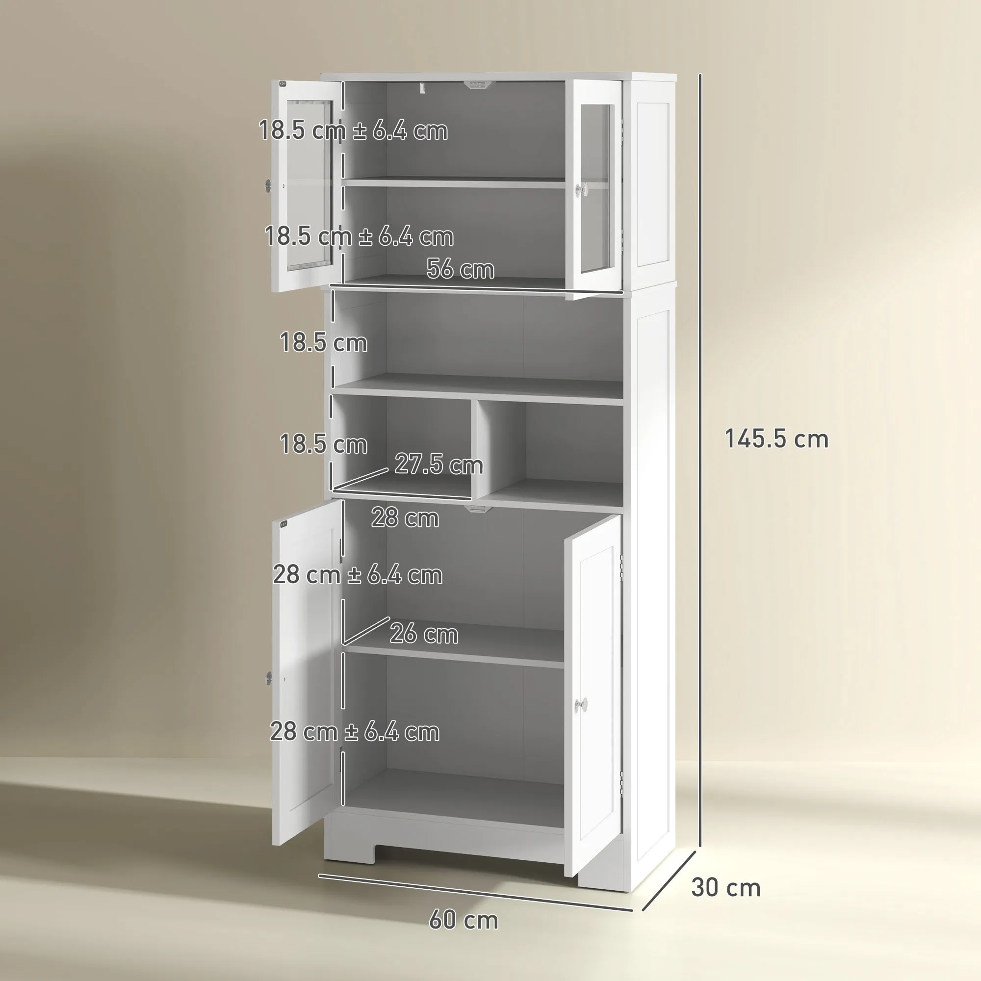 Kitchen Sideboard with 2 Cabinets and 3 Open Compartments, Glass Doors and Adjustable Shelves, 60x30x145.5 cm, White - Image 3