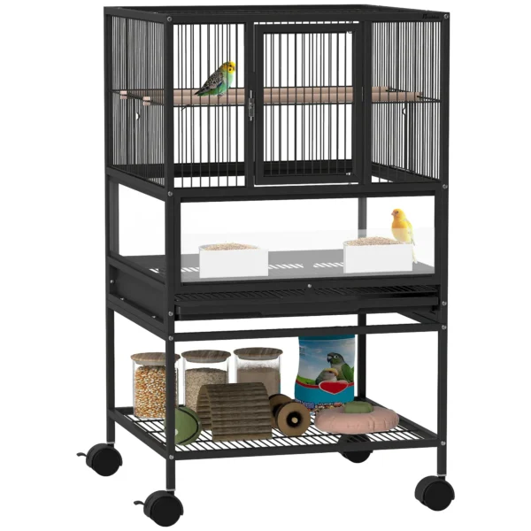 Bird Cage with Bottom Shelf, Removable Tray and Grid, Steel and PP, 48x46x83 cm, Black