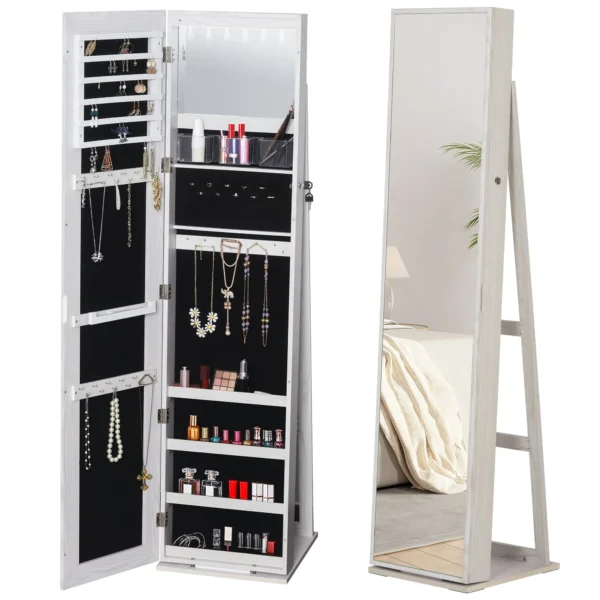 LED Jewellery Mirror with 4 Shelves and Storage Spaces, in Wood and Glass, 15x15x61.75 cm, White