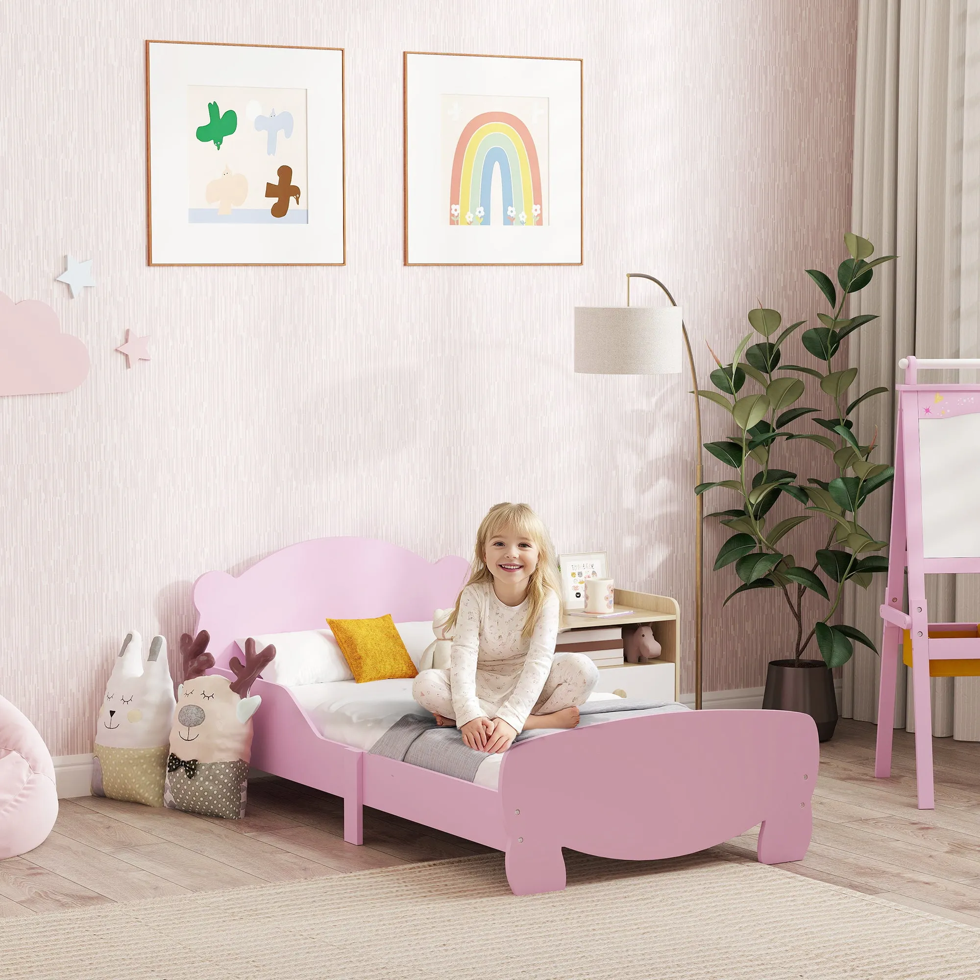 Baby Bed with Bear Headboard and Footboard and 2 Side Rails, Wooden, 143.5x80x55 cm, Pink - Image 2