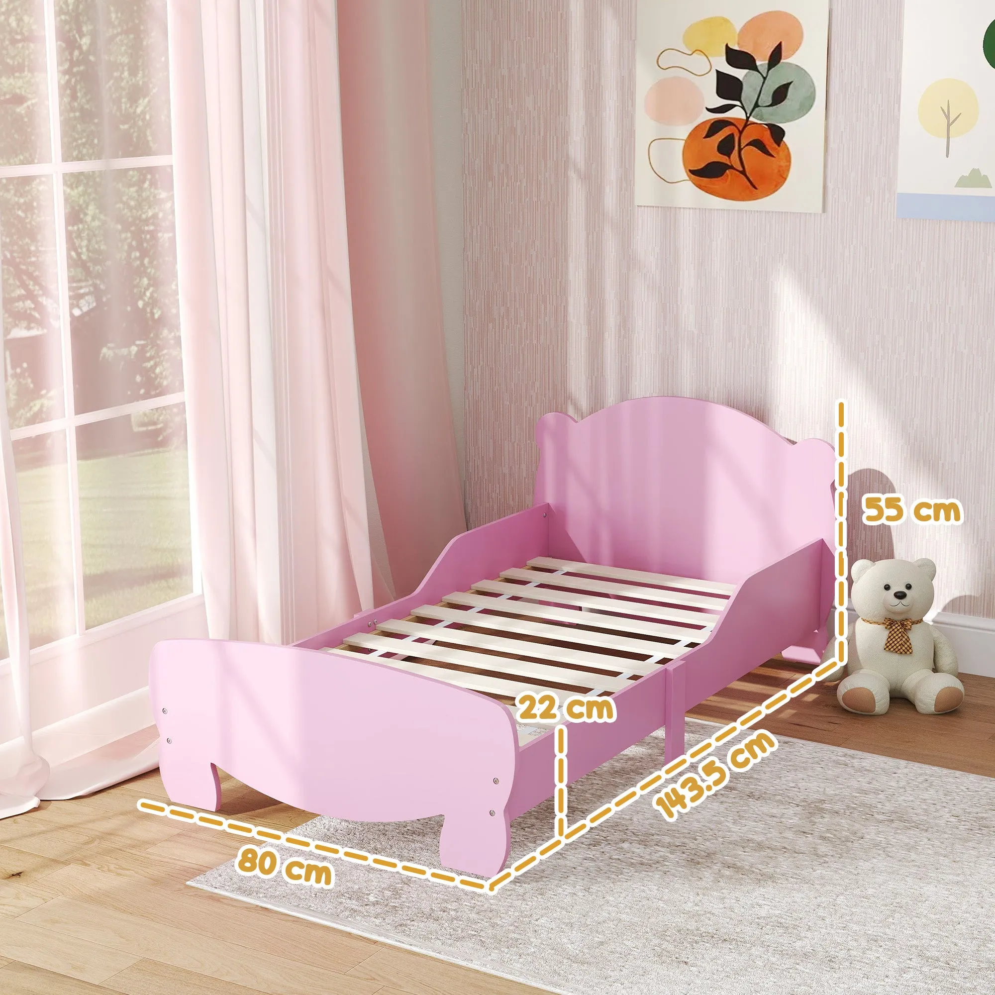 Baby Bed with Bear Headboard and Footboard and 2 Side Rails, Wooden, 143.5x80x55 cm, Pink - Image 3
