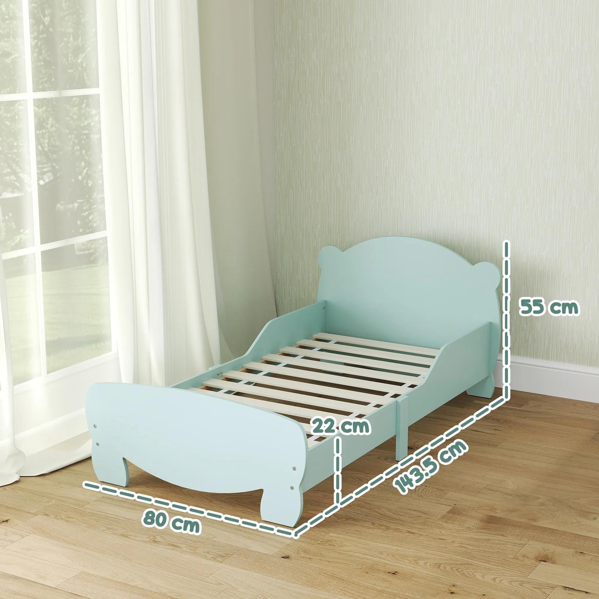 Children's Bed with Bear Headboard and Footboard and 2 Side Rails, Wooden, 143.5x80x55 cm, Green - Image 3