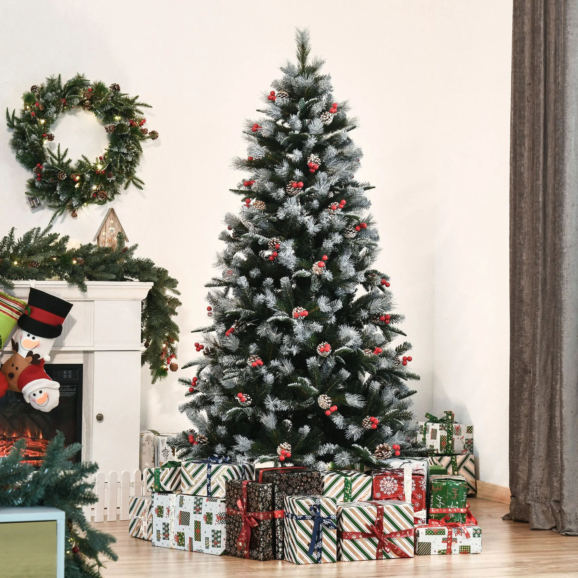 180cm Snowy Christmas Tree with Red Berries and White Pine Cones, Removable Folding Base, 678 Branches, Green - Image 2
