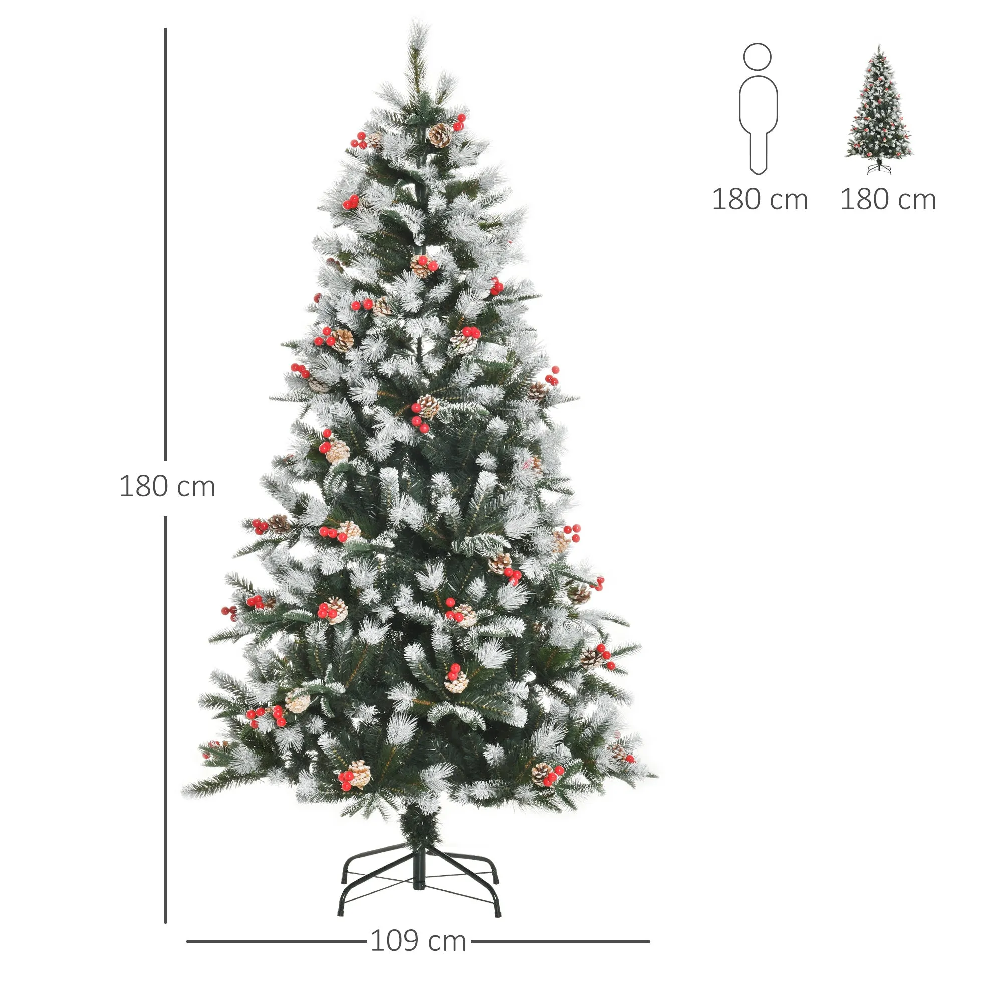 180cm Snowy Christmas Tree with Red Berries and White Pine Cones, Removable Folding Base, 678 Branches, Green - Image 3