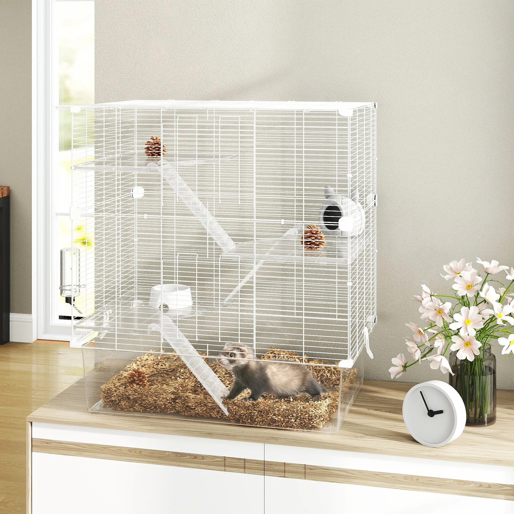 Multi-Level Rodent Cage with Accessories Included, Made of Steel, PET and PS, 73x47x80 cm, White - Image 2