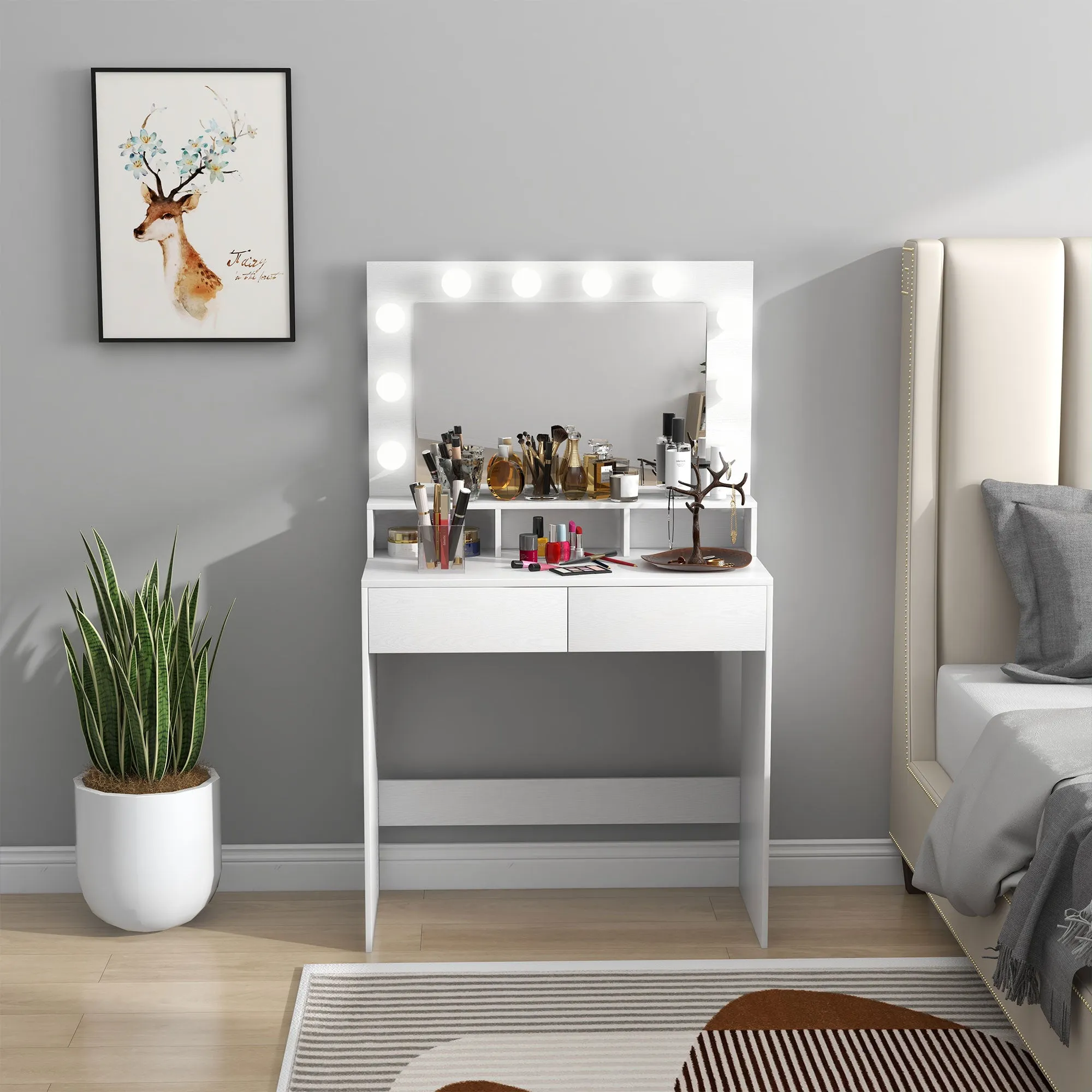 Dressing Table with Mirror and 10 Adjustable LED Lights, 2 Drawers and 3 Compartments, 80x40x135 cm, White - Image 2