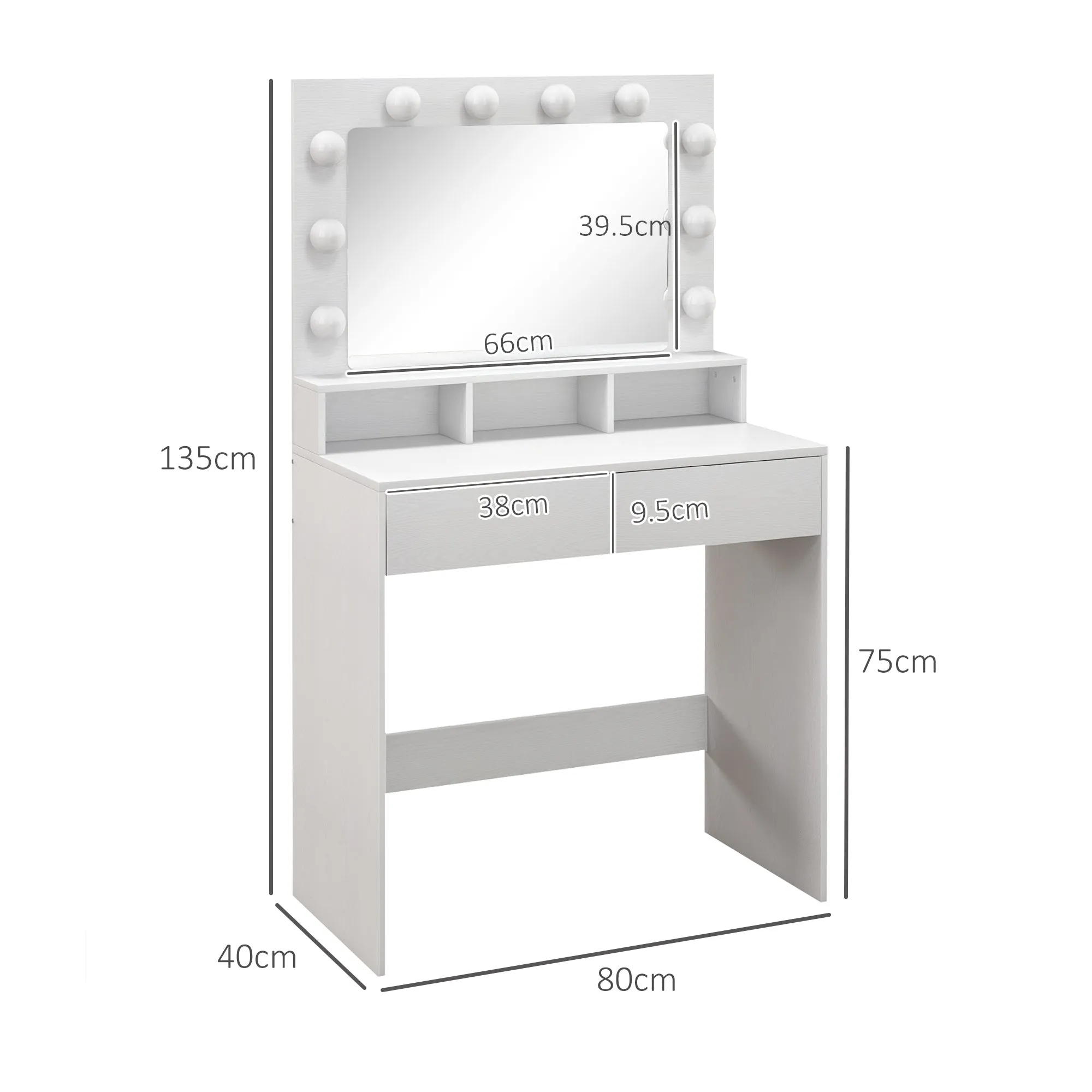 Dressing Table with Mirror and 10 Adjustable LED Lights, 2 Drawers and 3 Compartments, 80x40x135 cm, White - Image 3