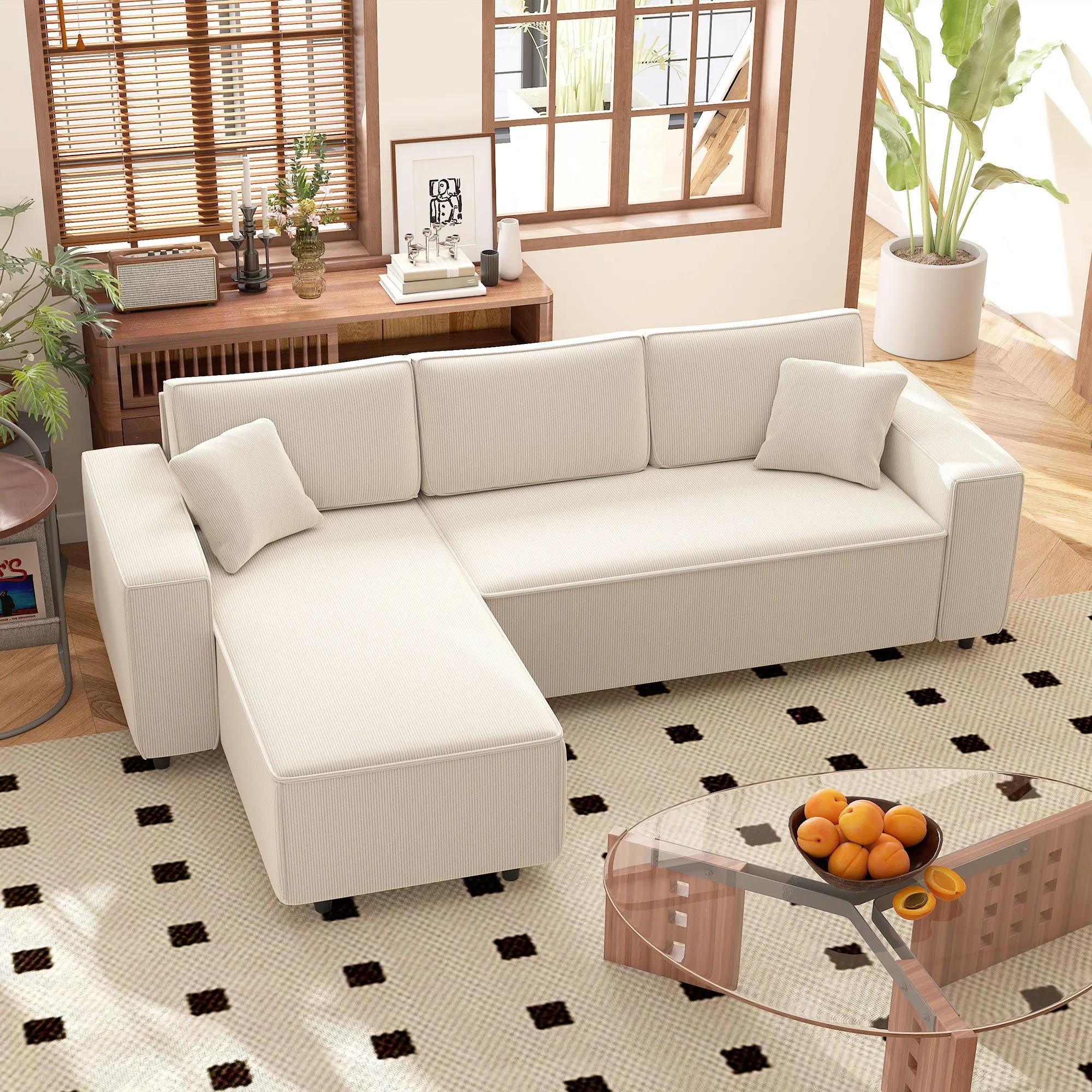 3 Seater Sofa with Peninsula in Velvet Effect Fabric, Foam and Nylon, 241x153x83 cm, Cream White - Image 2