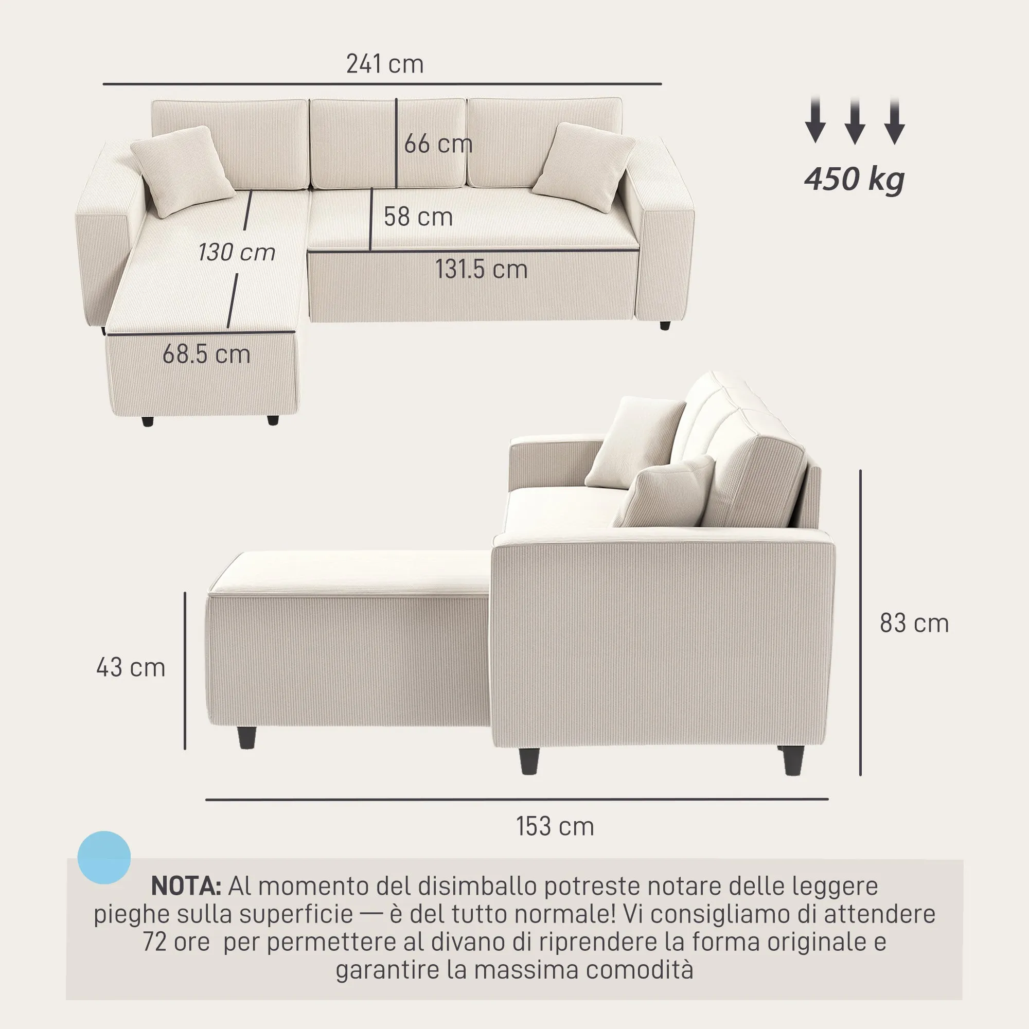3 Seater Sofa with Peninsula in Velvet Effect Fabric, Foam and Nylon, 241x153x83 cm, Cream White - Image 3