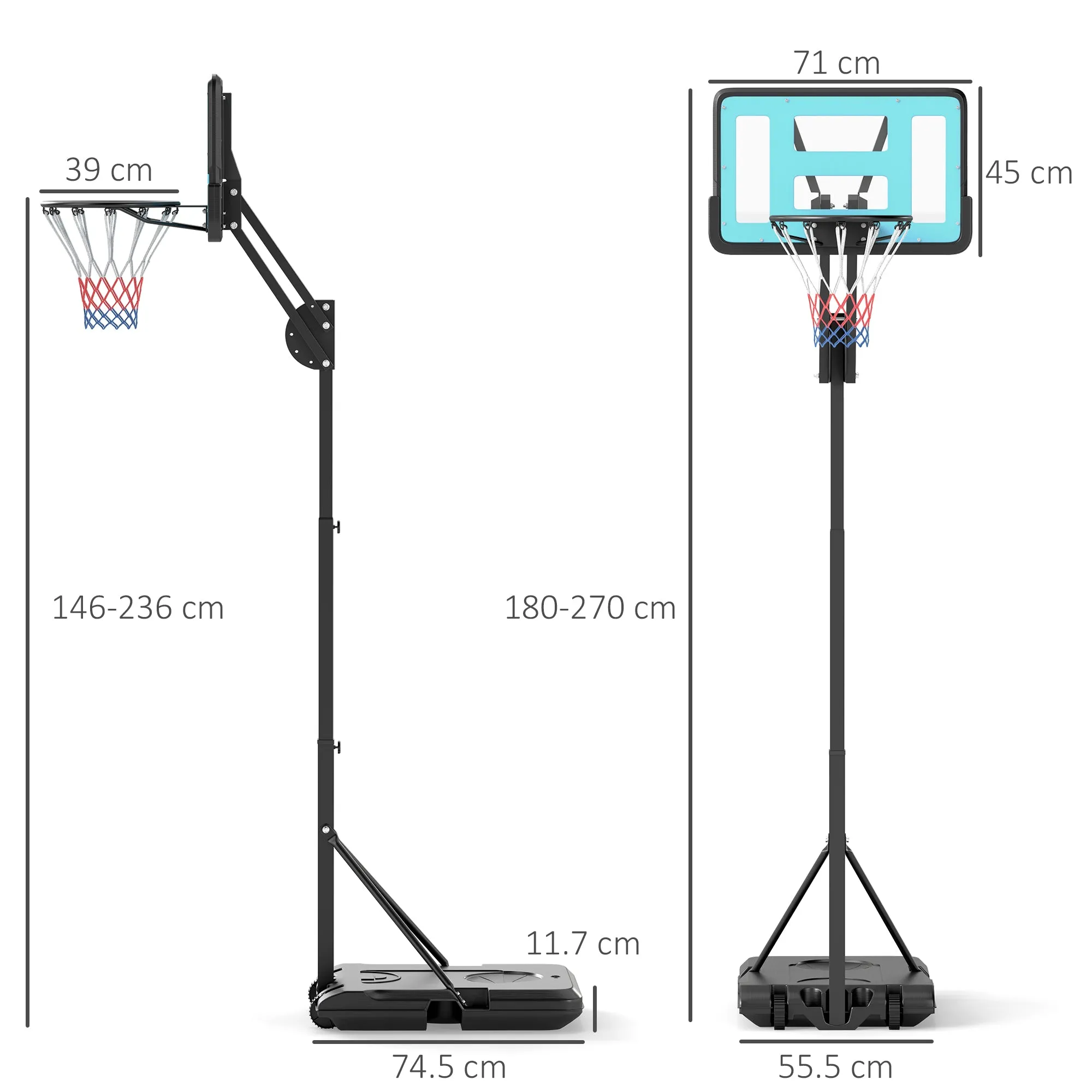 SPORTNOW Adjustable Outdoor Basketball Hoop 146-236cm with Wheels and Fillable Base, Black - Image 3