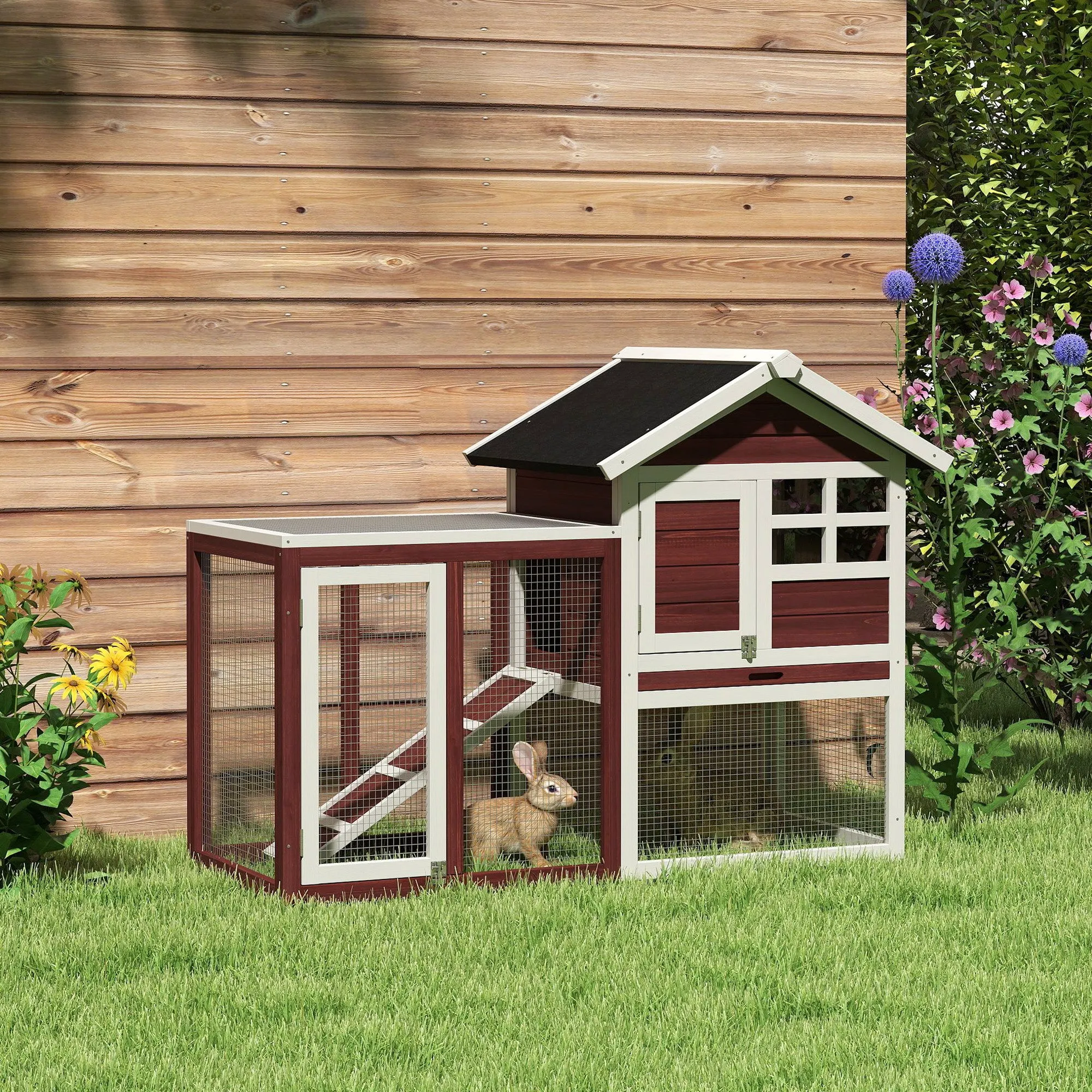 Outdoor Wooden Rabbit Hutch with Rabbit House and Ramp, 122x62. 6x92 cm, Brown and White - Image 2