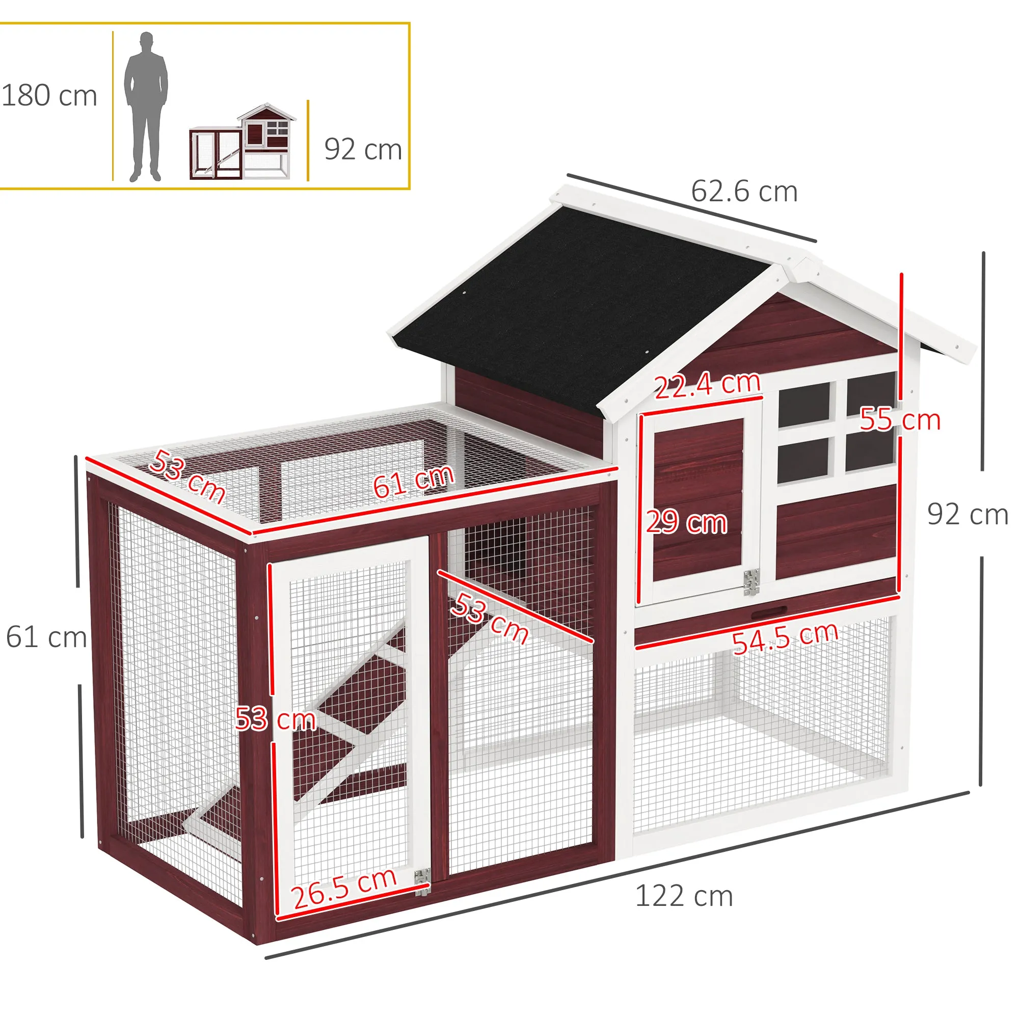 Outdoor Wooden Rabbit Hutch with Rabbit House and Ramp, 122x62. 6x92 cm, Brown and White - Image 3