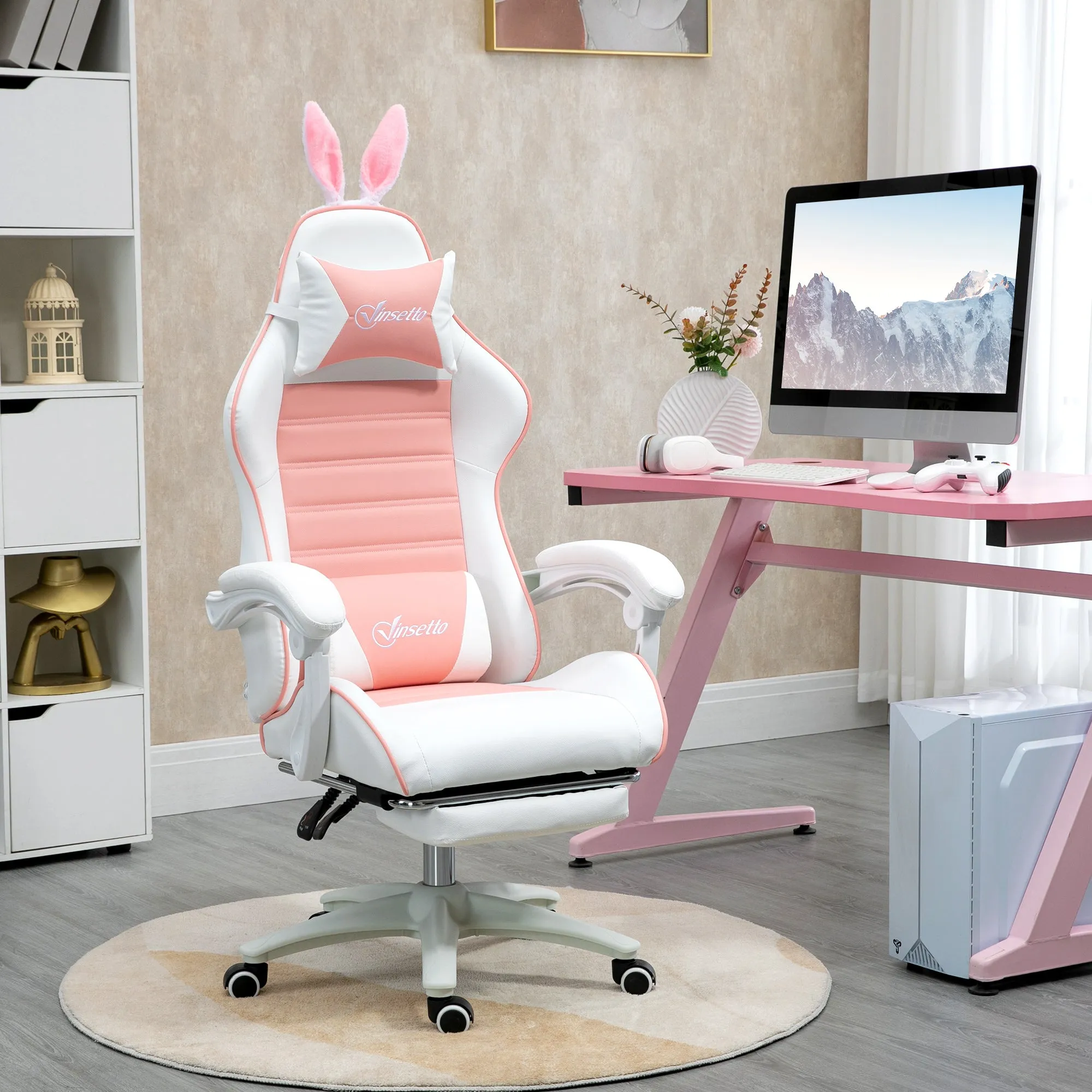 Ergonomic Gaming Chair with Ears, Removable Footrest, Lumbar Cushion and Headrest, Pink - Image 2