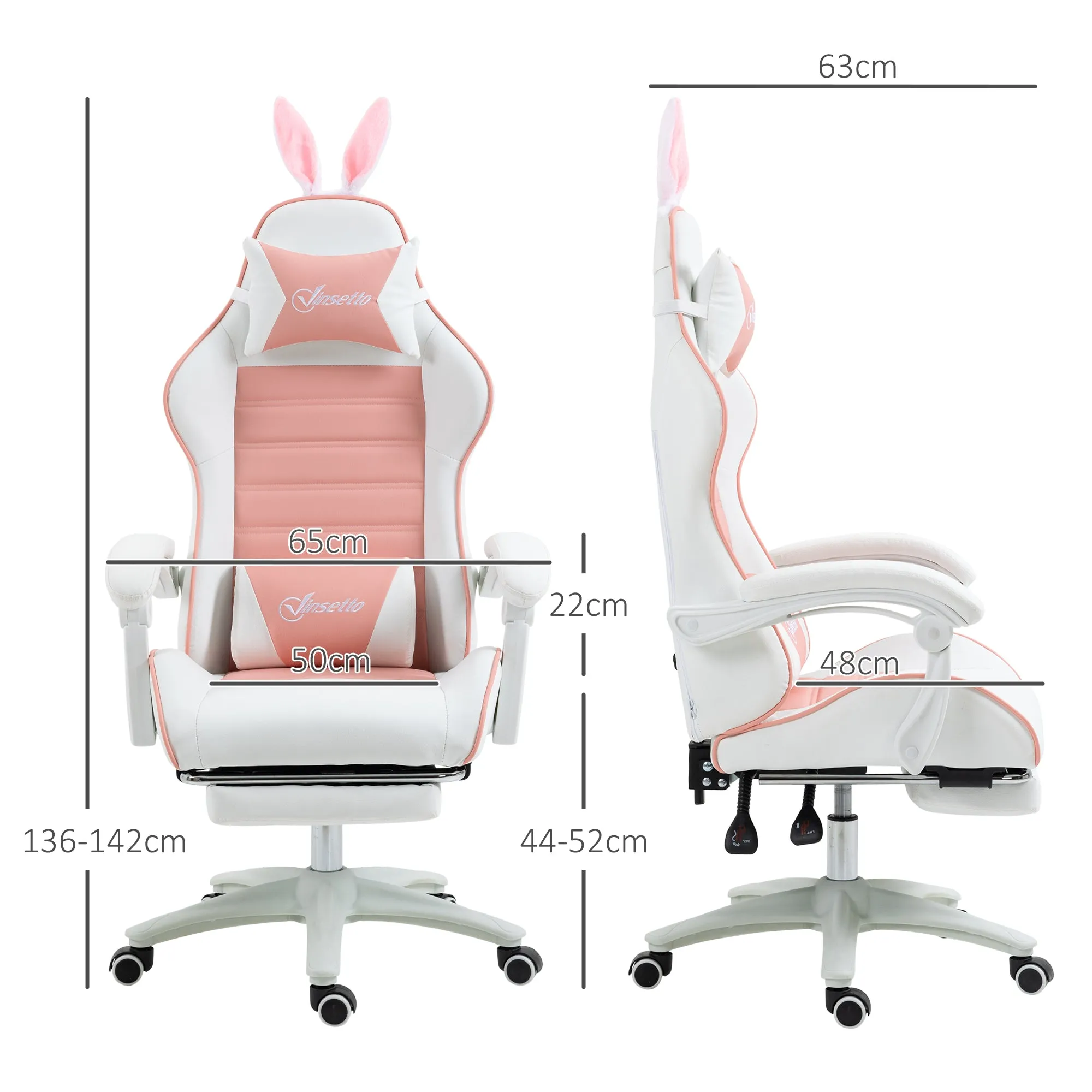 Ergonomic Gaming Chair with Ears, Removable Footrest, Lumbar Cushion and Headrest, Pink - Image 3