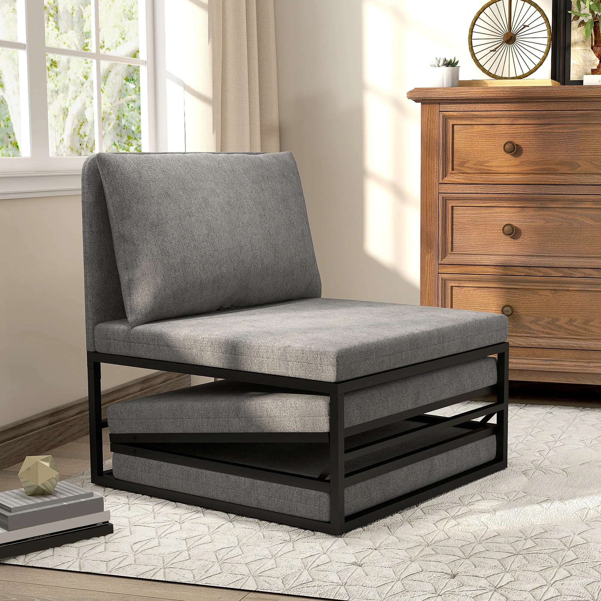 Armchair Bed with Cushion and Protective Cover, in Linen Effect Fabric and Metal, 66x70x74 cm, Grey - Image 2