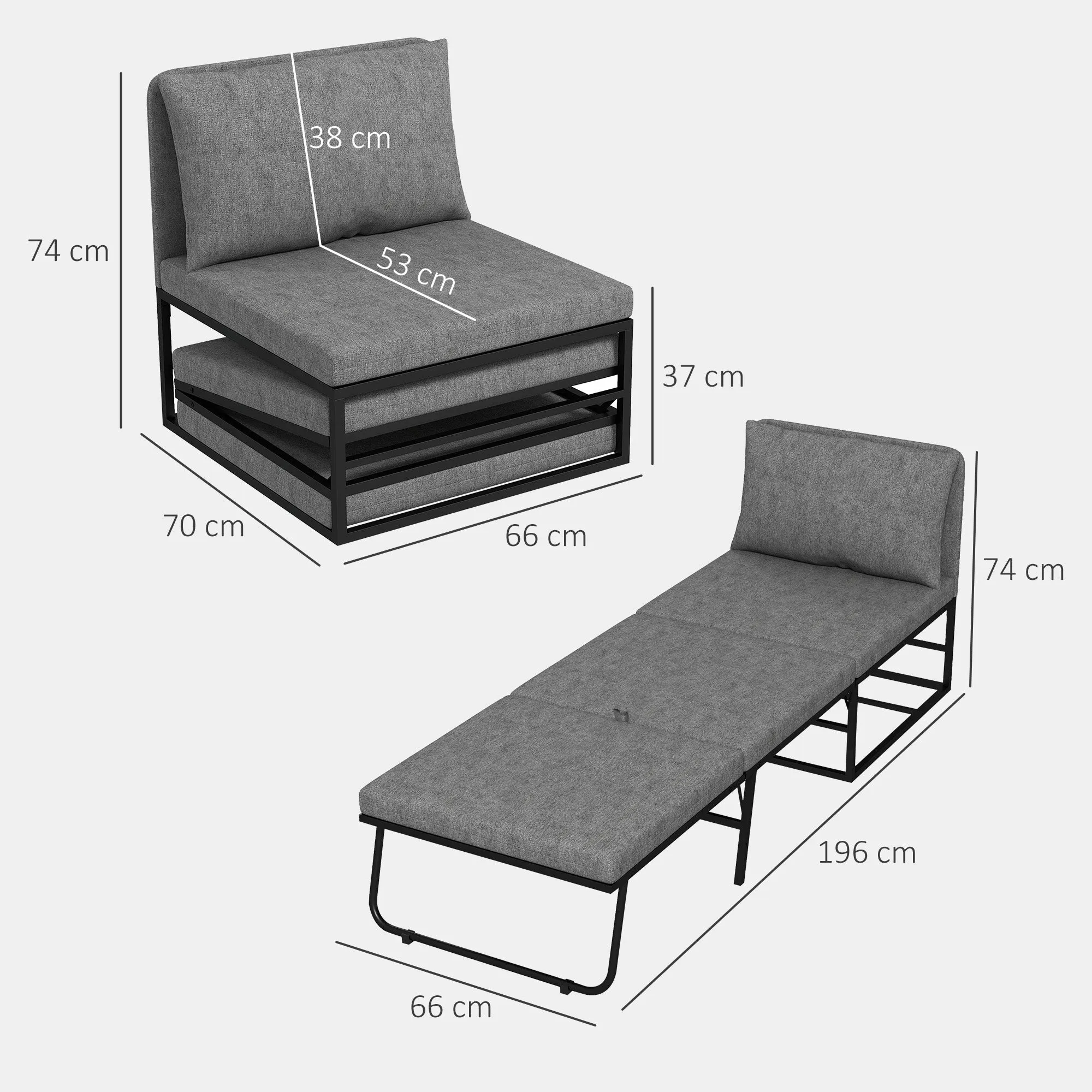 Armchair Bed with Cushion and Protective Cover, in Linen Effect Fabric and Metal, 66x70x74 cm, Grey - Image 3