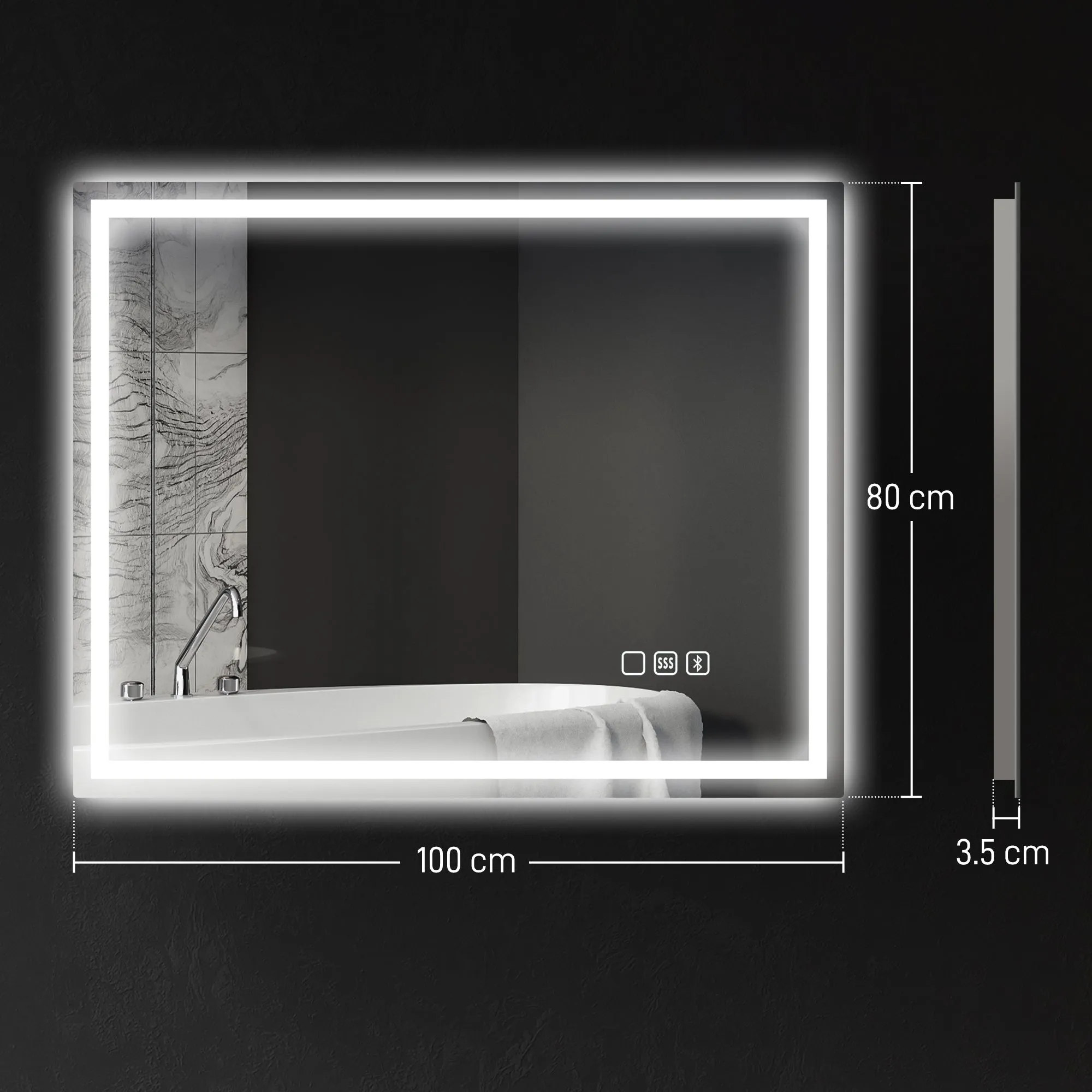 Anti-Fog Bathroom Mirror with Adjustable LED Light, Bluetooth Speaker, Touch Buttons, 80x100cm - Image 3