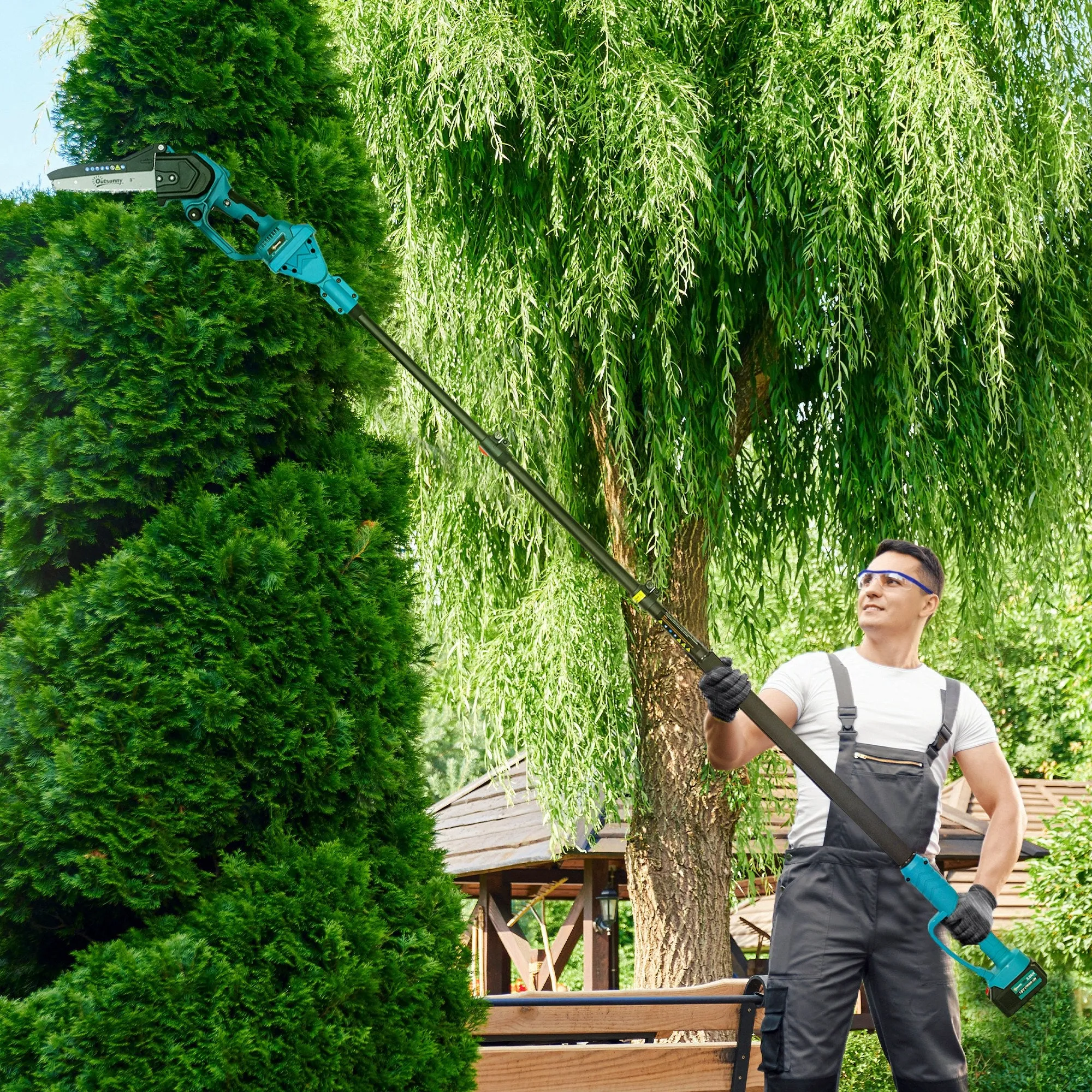 2-in-1 Cordless Chainsaw with Telescopic Pole, Brushless Motor, 2 Batteries and Safety Lock, Blue - Image 2